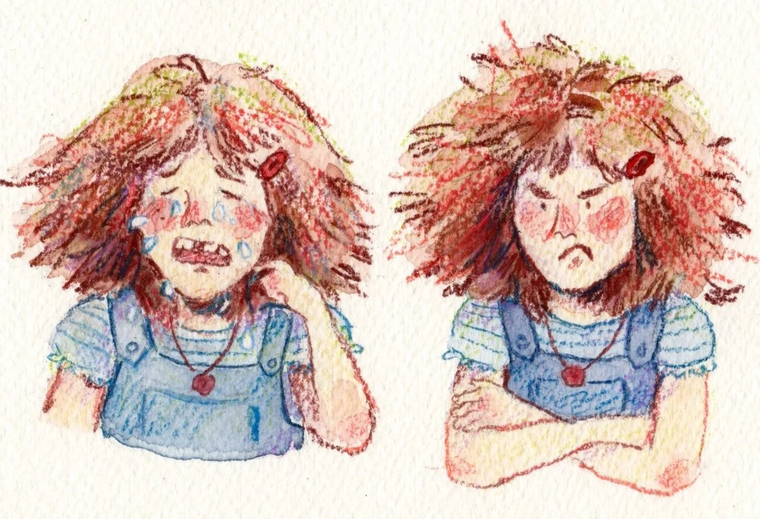 Hand-drawn illustration of a red-haired child crying on the left and frowning on the right, both wearing blue overalls and heart necklaces.