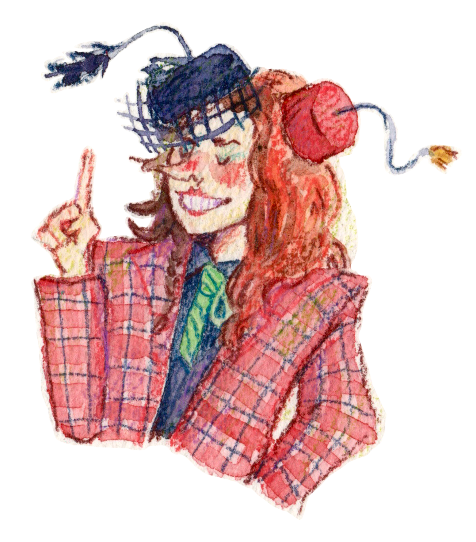 Colorful hand-drawn illustration of a smiling person in a red plaid suit and top hat, raising one finger.