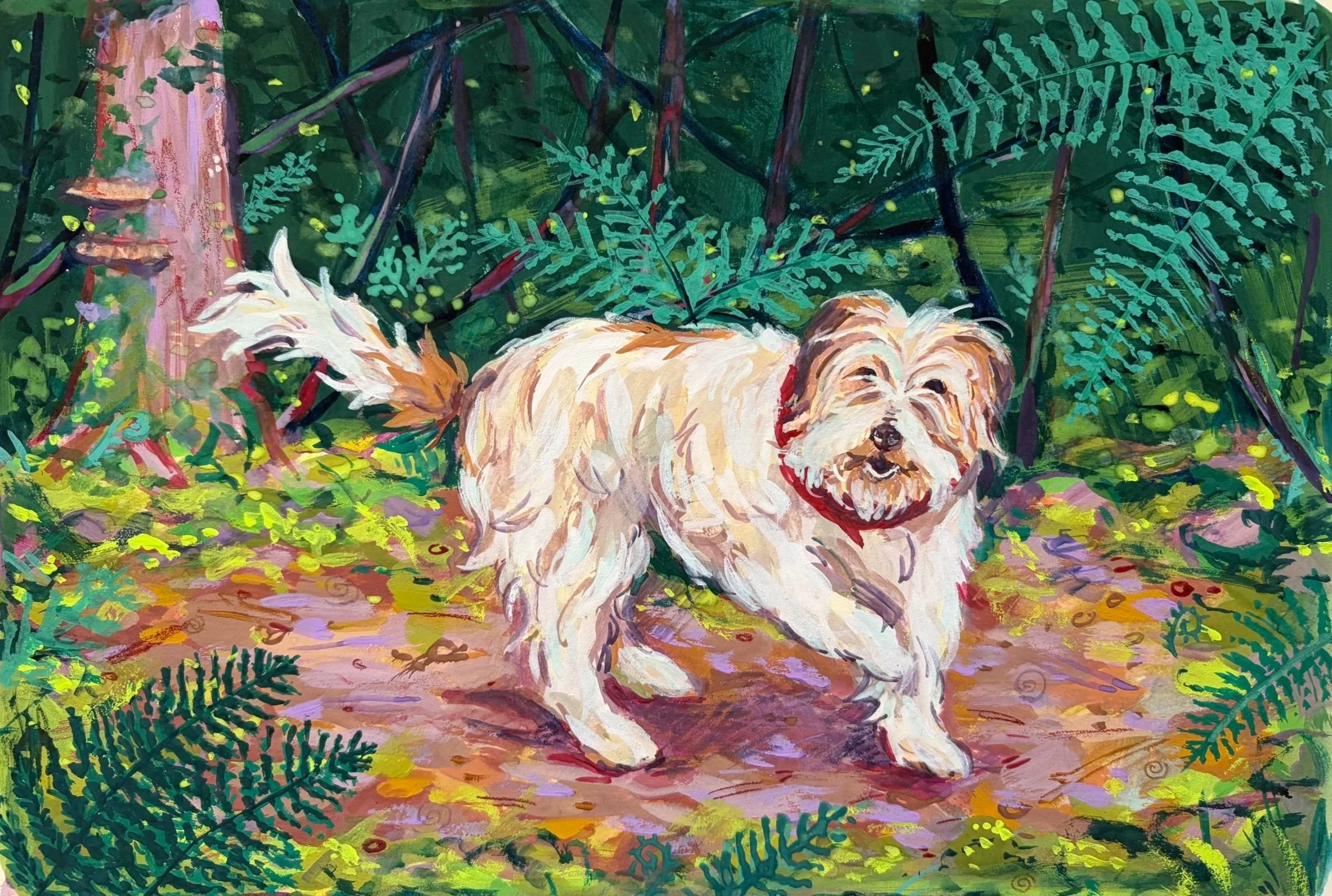 Colorful painting of a shaggy white and tan dog sitting on a forest path surrounded by lush green foliage.