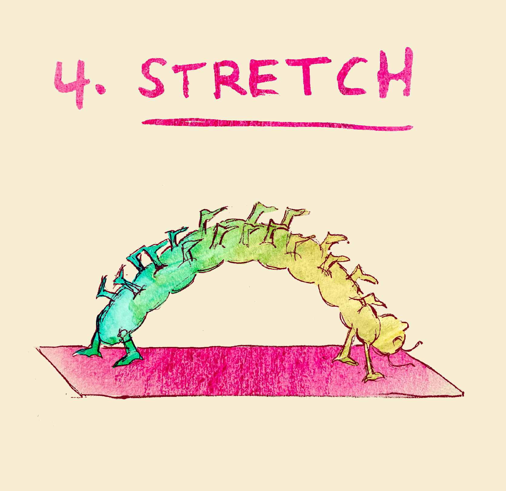 Hand-drawn illustration of a colourful caterpillar stretching on a pink yoga mat, labelled “4. STRETCH.”