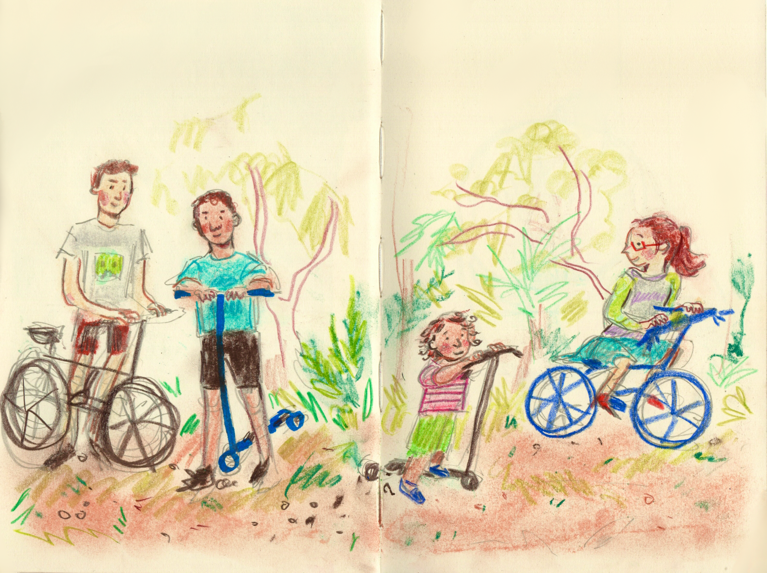 Childlike dry pastel drawing of children riding bikes and scooters on a grassy outdoor path.