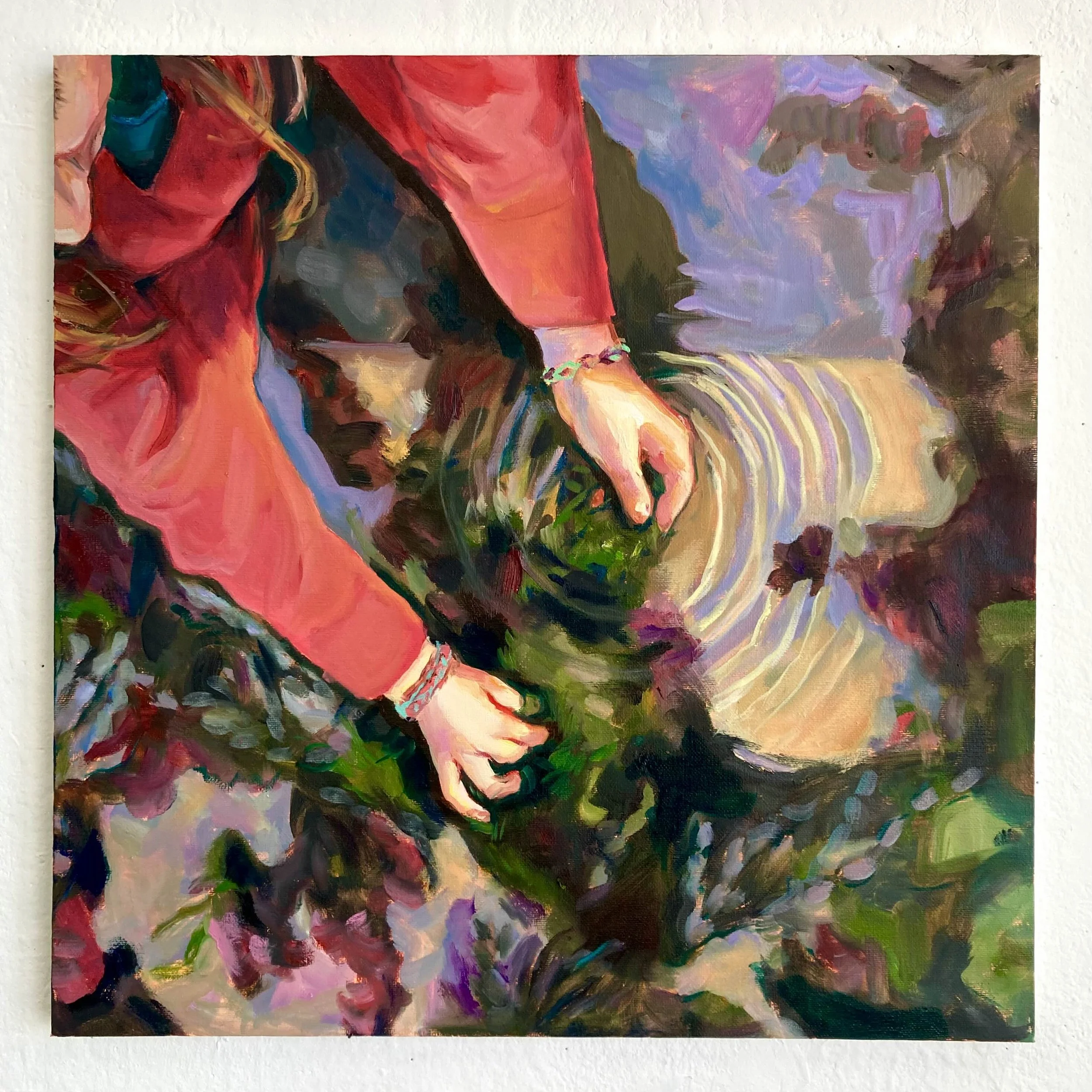 Colourful abstract painting of a seated figure in red purple clothing looking into the water at the beach.
