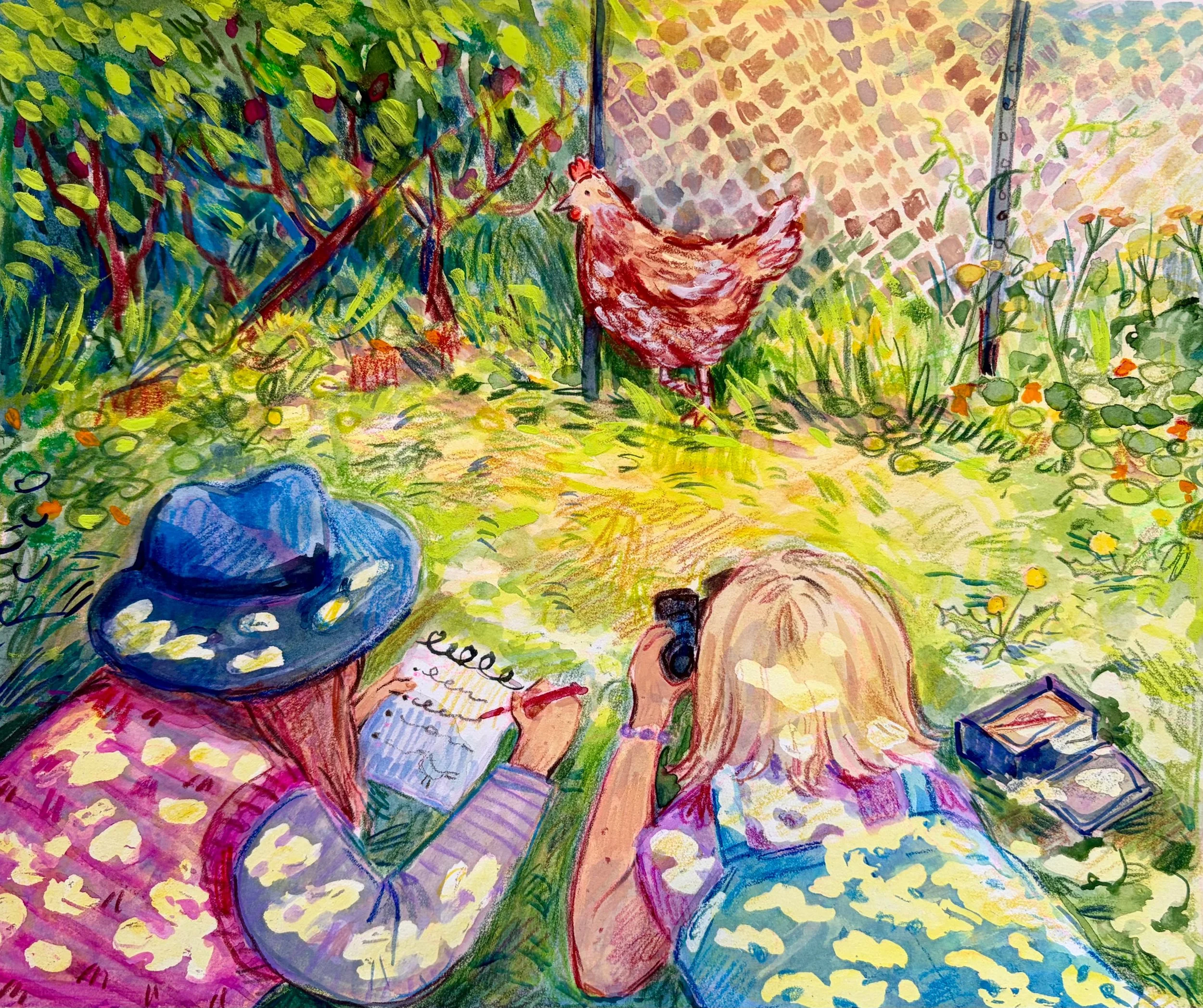 Colourful watercolour illustration of two children in a garden with a notepad, binoculars, and lunchbox, observing a brown chicken.