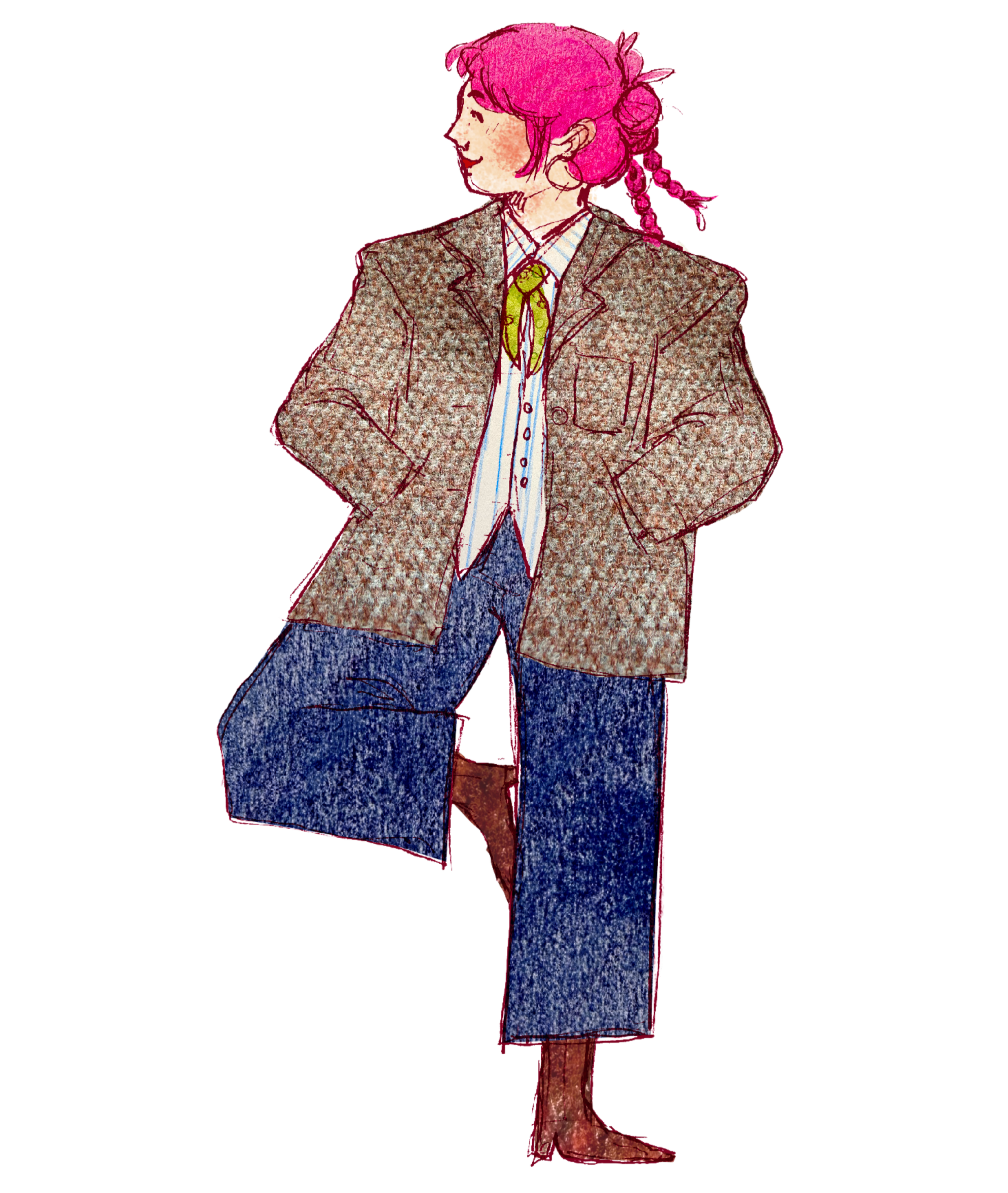Stylized illustration of a pink-haired woman in profile wearing a tweed blazer, striped shirt, yellow tie, jeans, and brown boots.