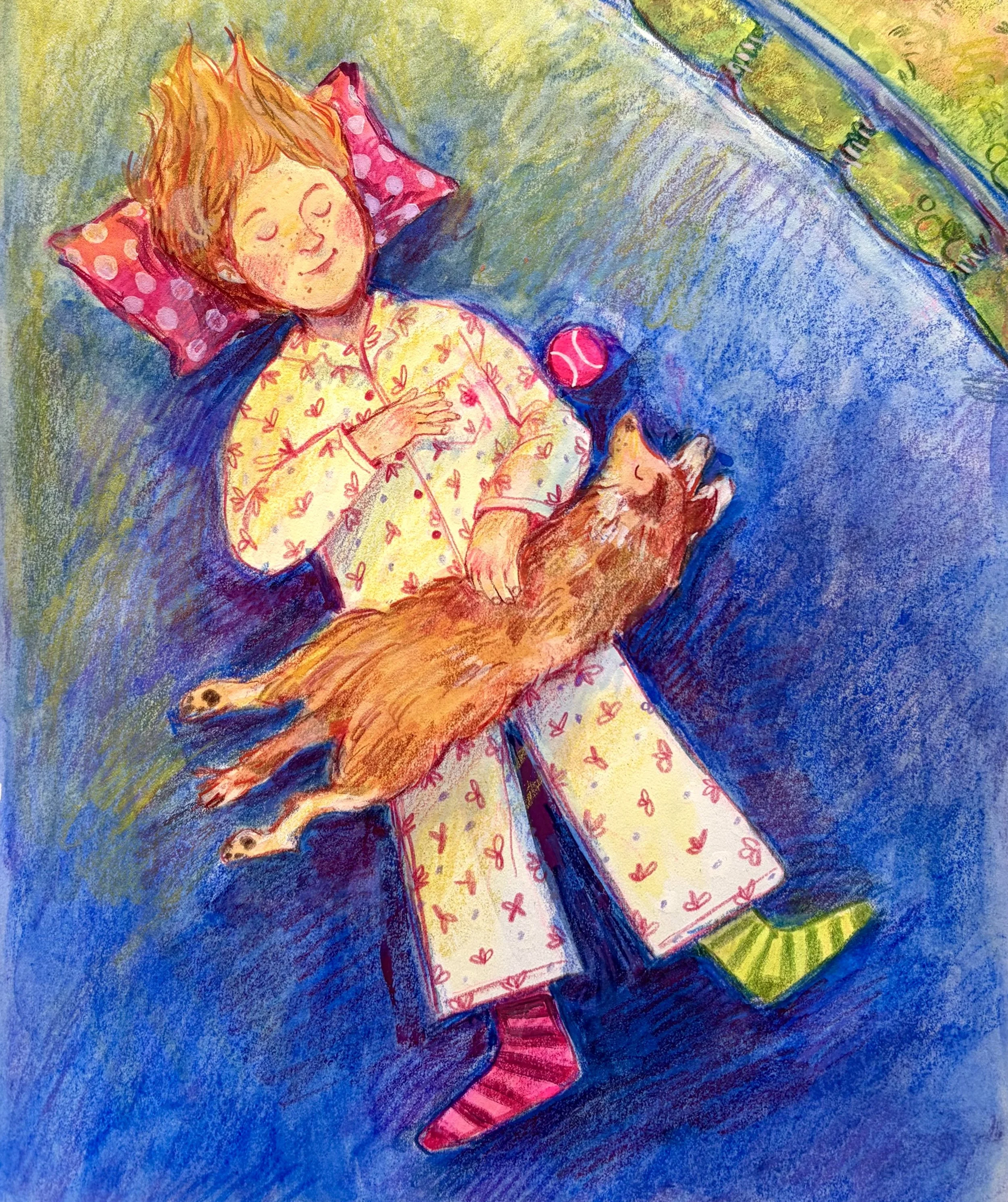 Colourful illustration of a sleeping child relaxing on a trampoline in heart-patterned pyjamas, cuddling a brown dog.