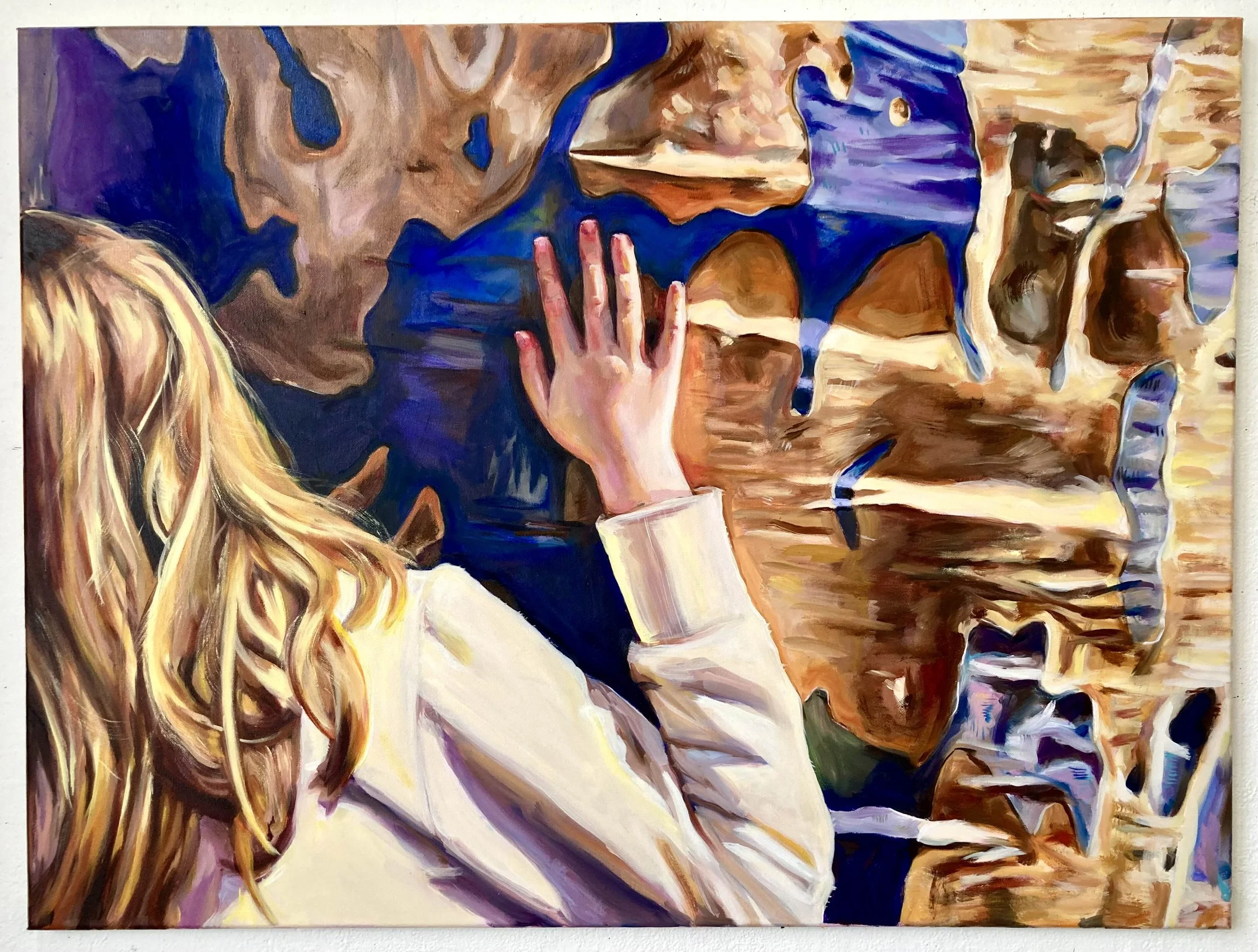 Colourful abstract painting of a child with a hand placed on an enormous eucalyptus tree.