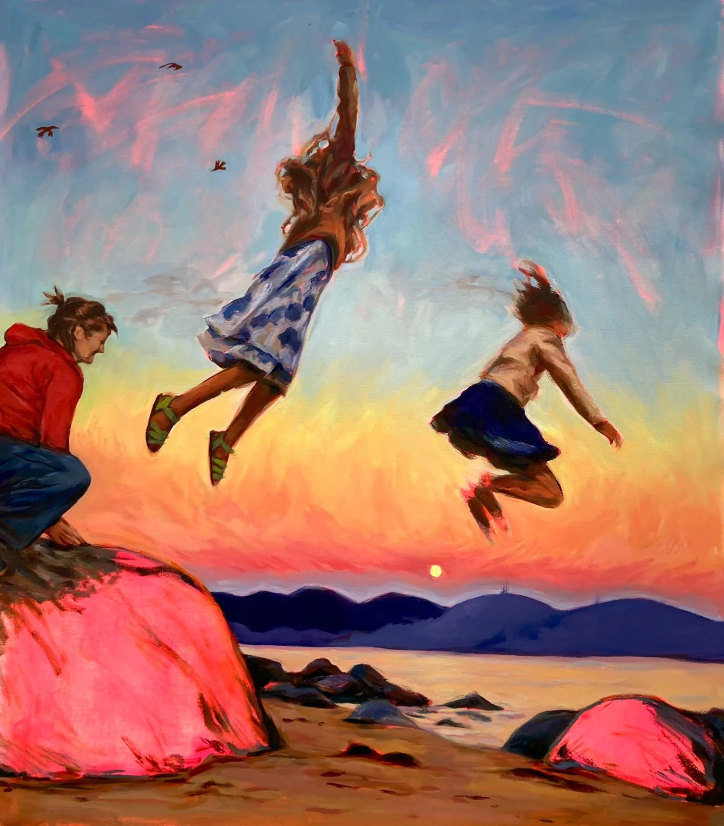 Colorful painting of three friends leaping across seaside rocks at sunset, with birds, mountains, and glowing pink clouds.