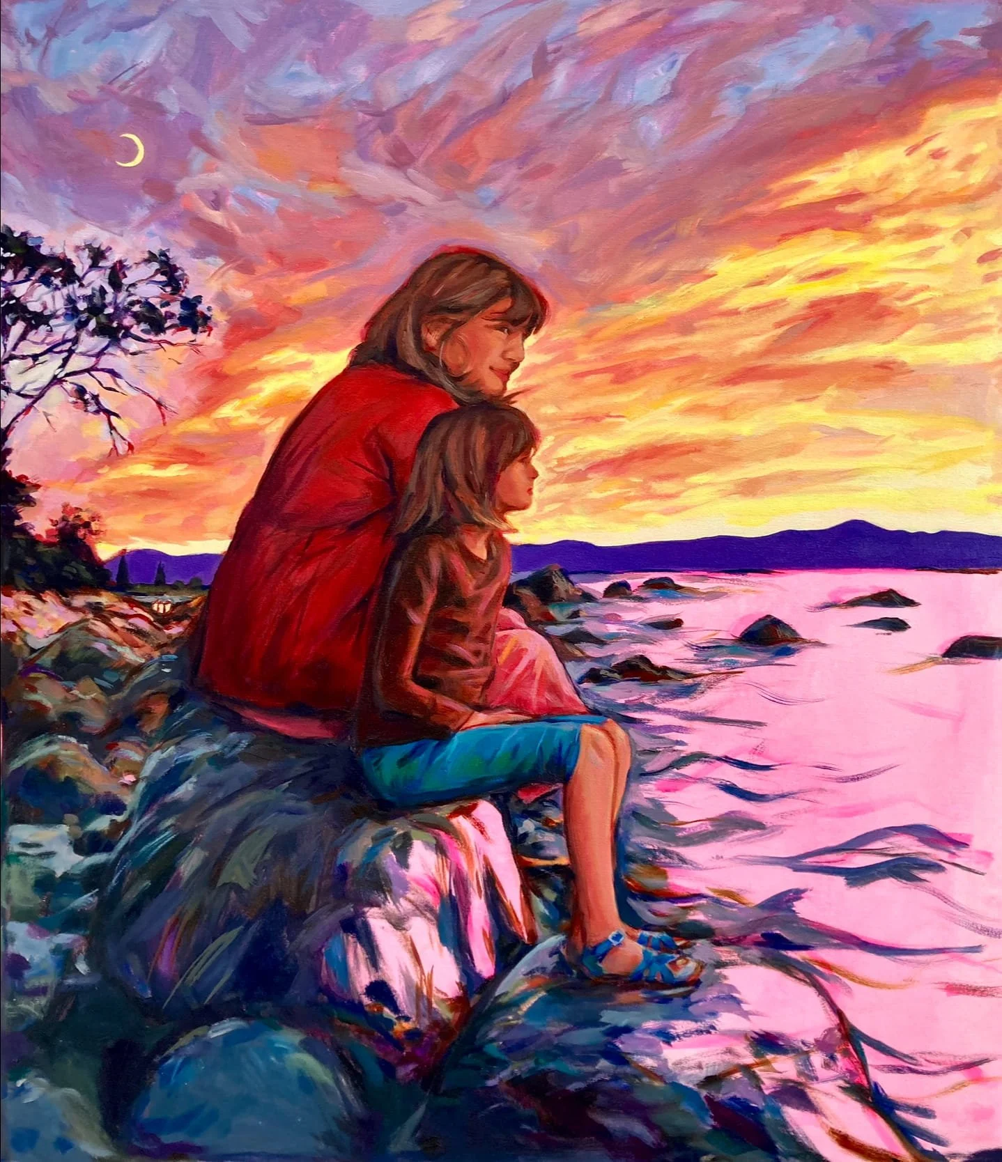 Colourful painting of an adult and child sitting on seaside rocks beneath a crescent moon and vivid sunset sky
