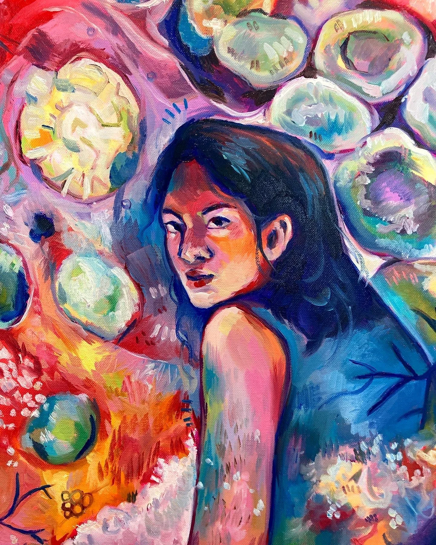 Colourful impressionist painting of a dark-haired woman surrounded by abstract pastel mold.