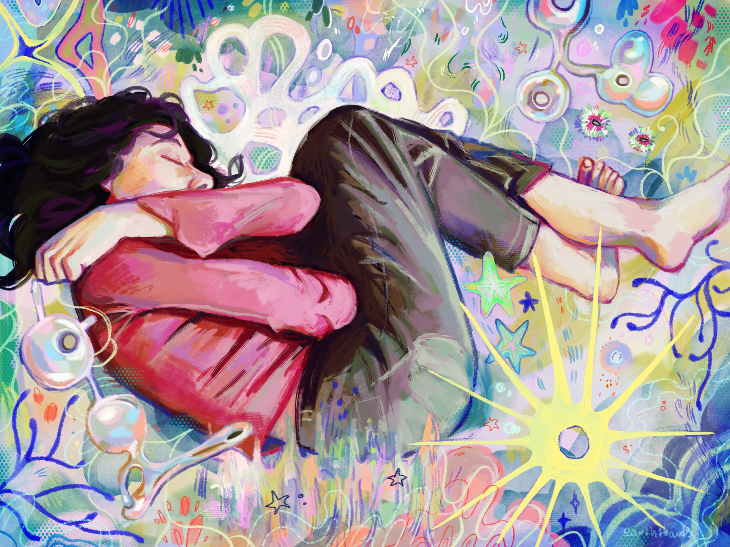 Colourful whimsical illustration of a woman sleeping amongst abstract shapes, stars, bubbles, and playful doodles.