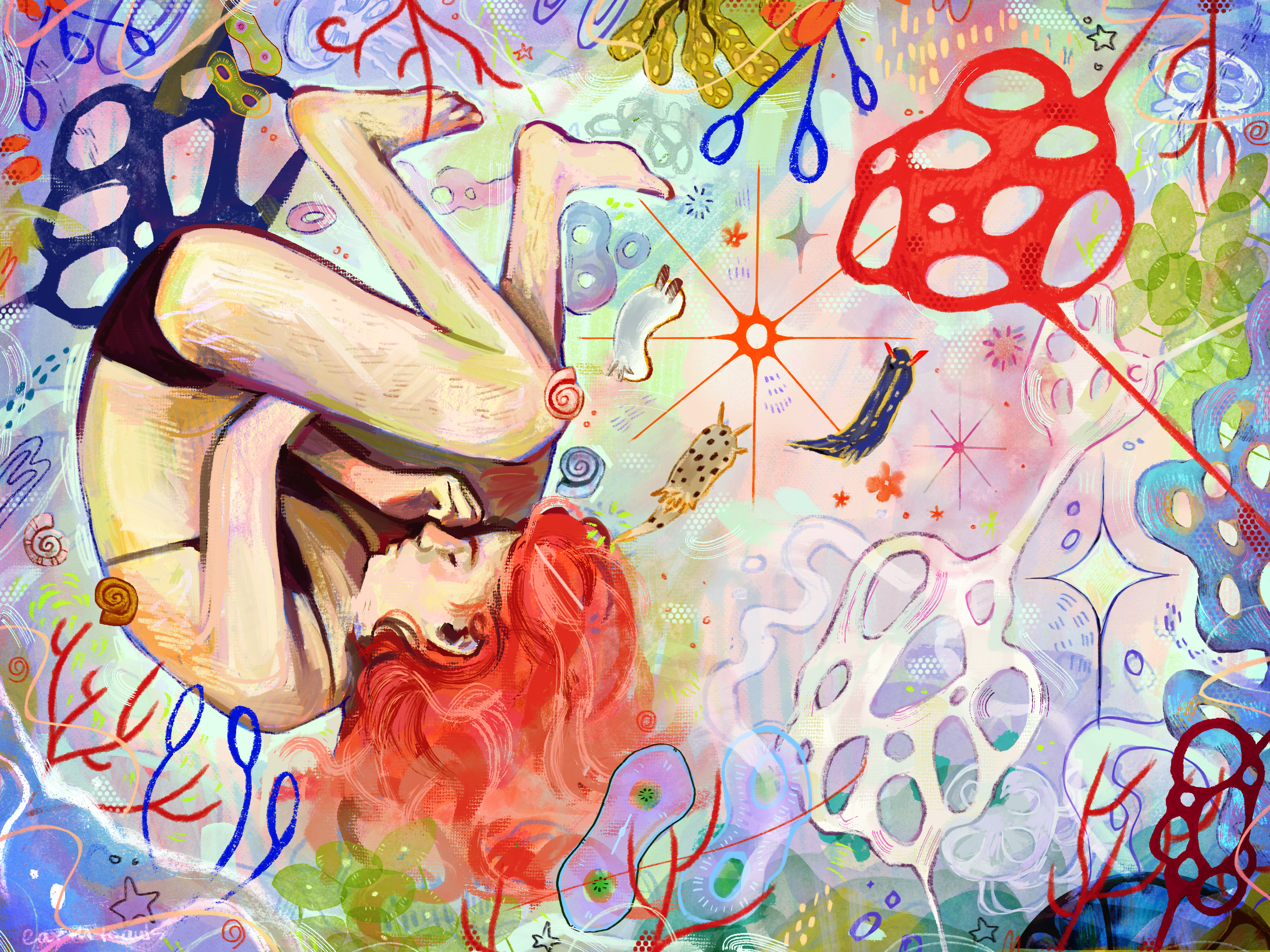 Colourful abstract digital illustration featuring a red-haired woman, sea snails, starfish, and other aquatic creatures with bold hand-drawn shapes.