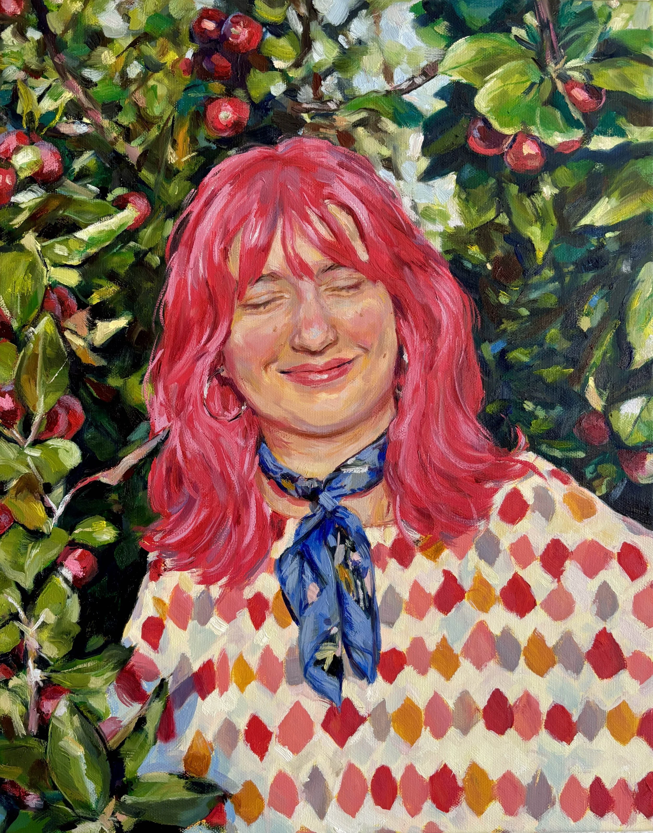 Colourful oil painting of a smiling pink-haired woman in a patterned shirt surrounded by lush green foliage and red apples.