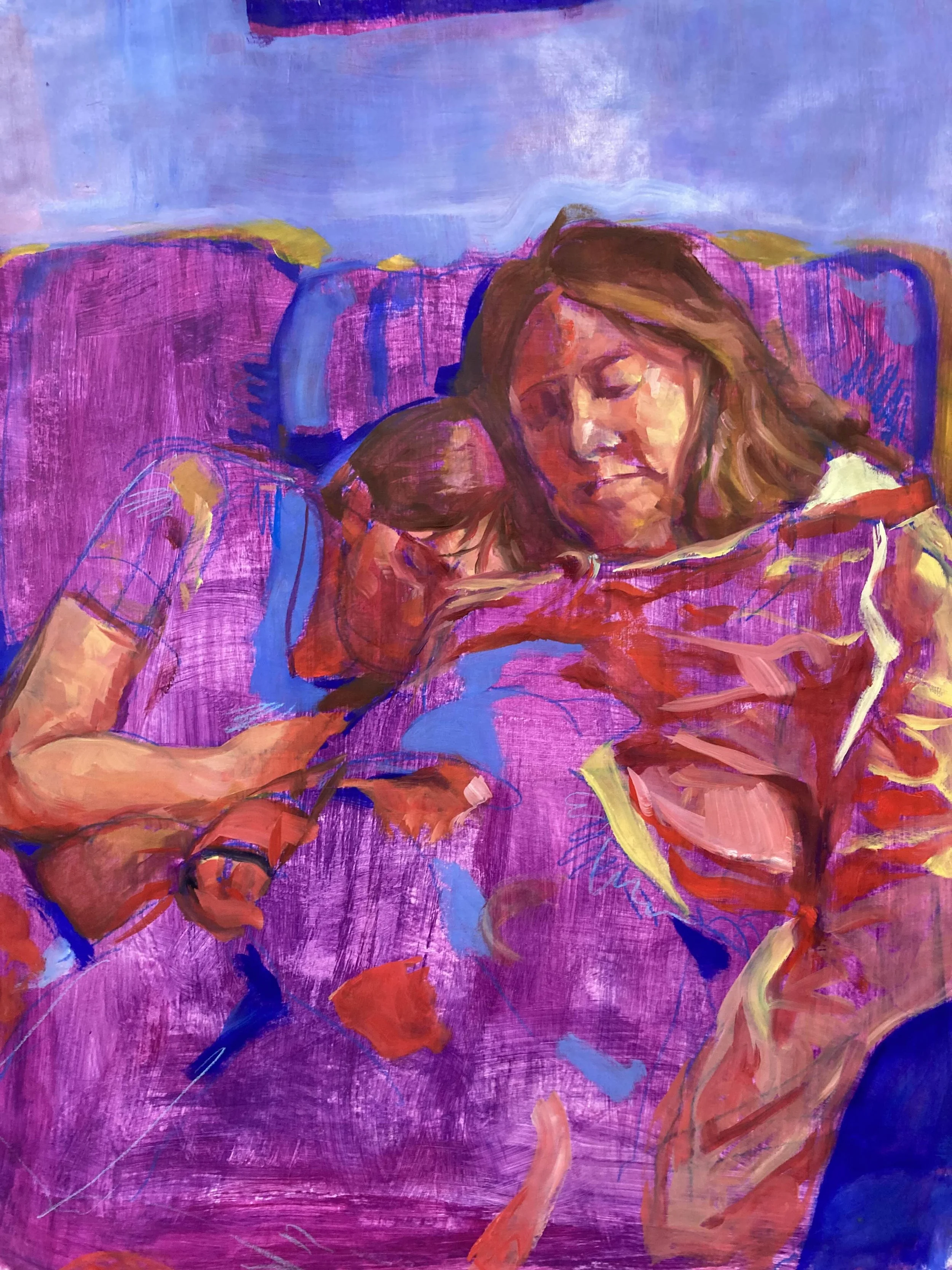 Abstract painting of a brown-haired mother and daughter reclining against a vivid purple background with colourful brushstrokes.