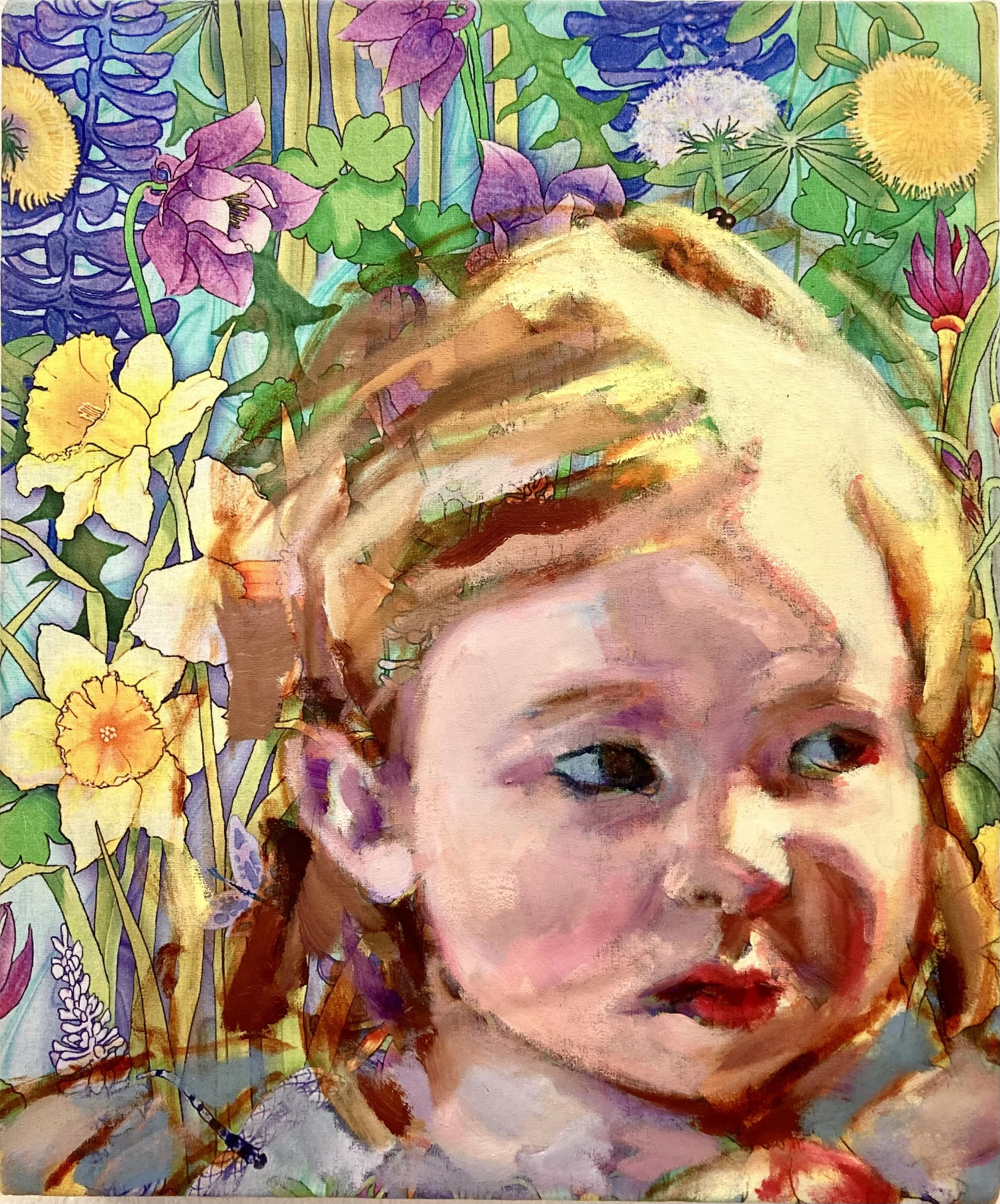 Oil painting of a child surrounded by a fabric background of colourful flowers.