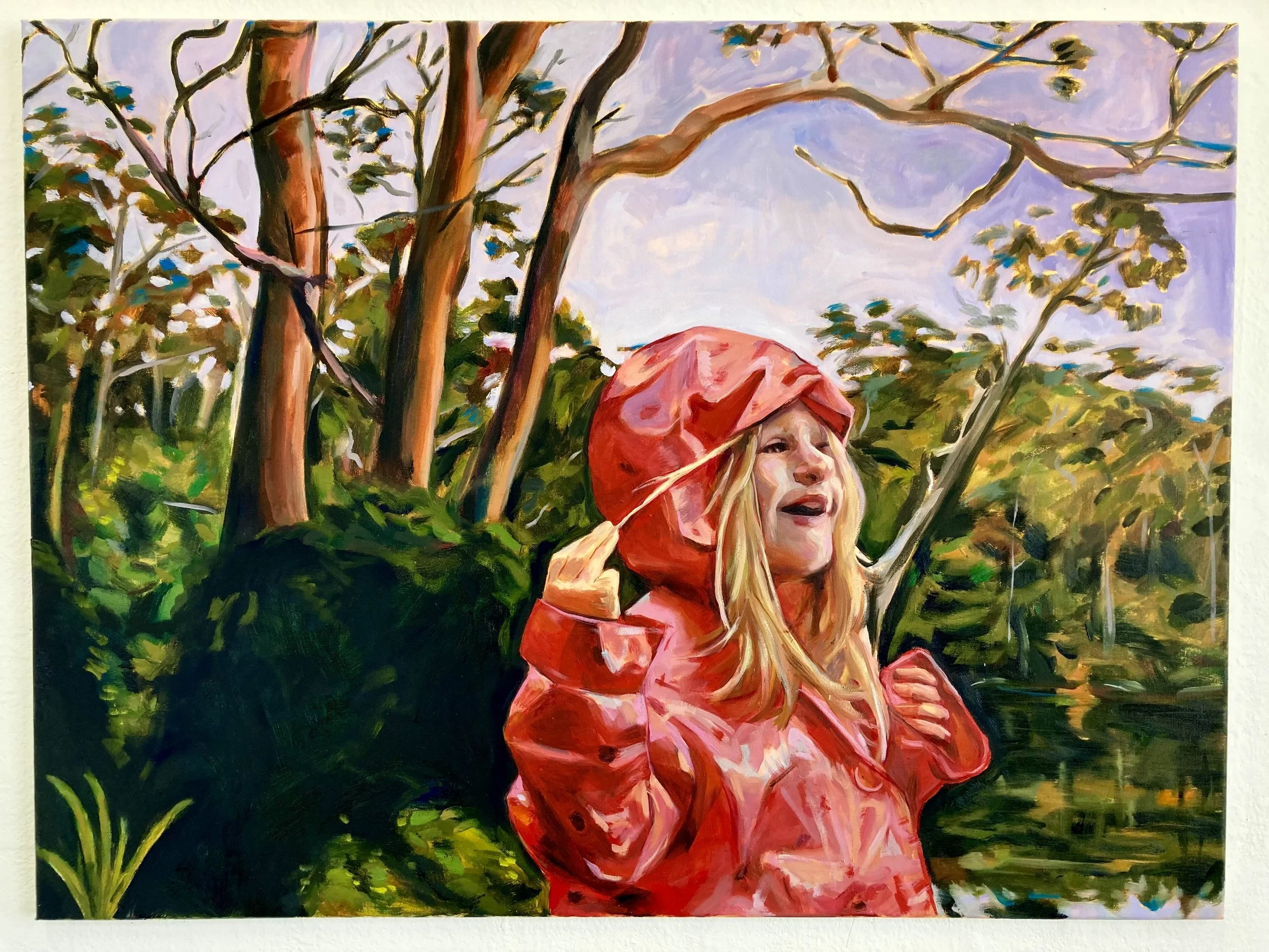 Colourful painting of a blonde child in a red raincoat and hood standing in a lush forest