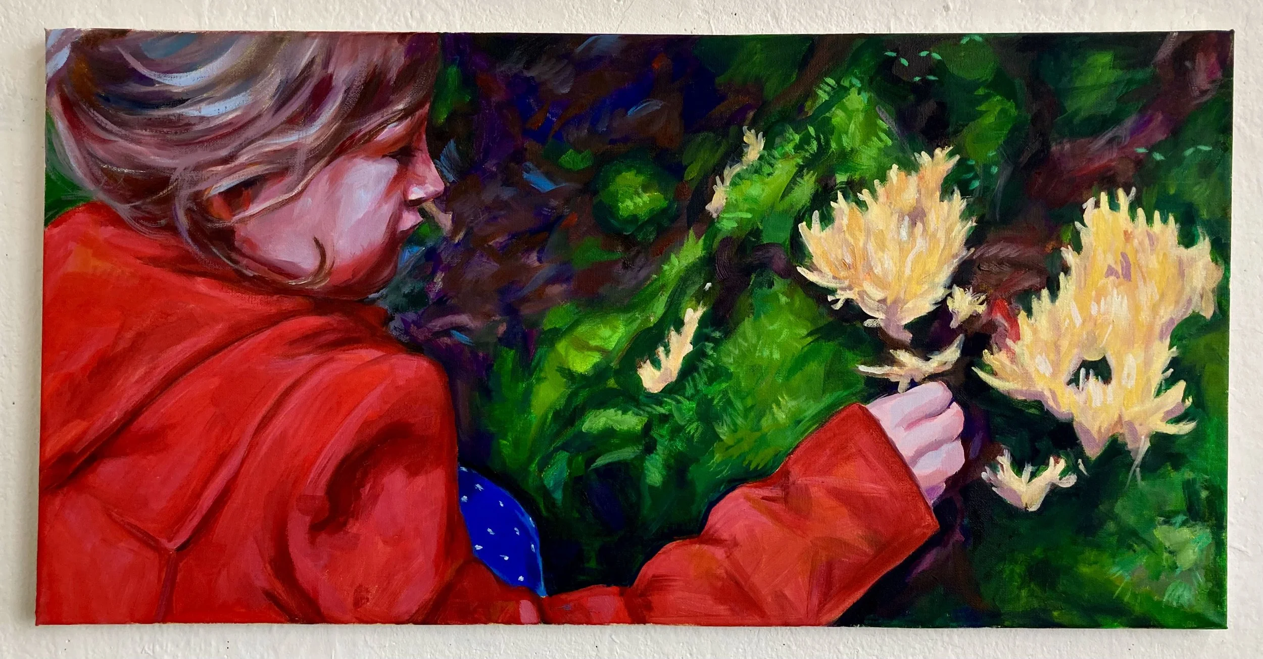 Colourful painting of a child in profile wearing a red coat, surrounded by lush green foliage and pale yellow fungi.