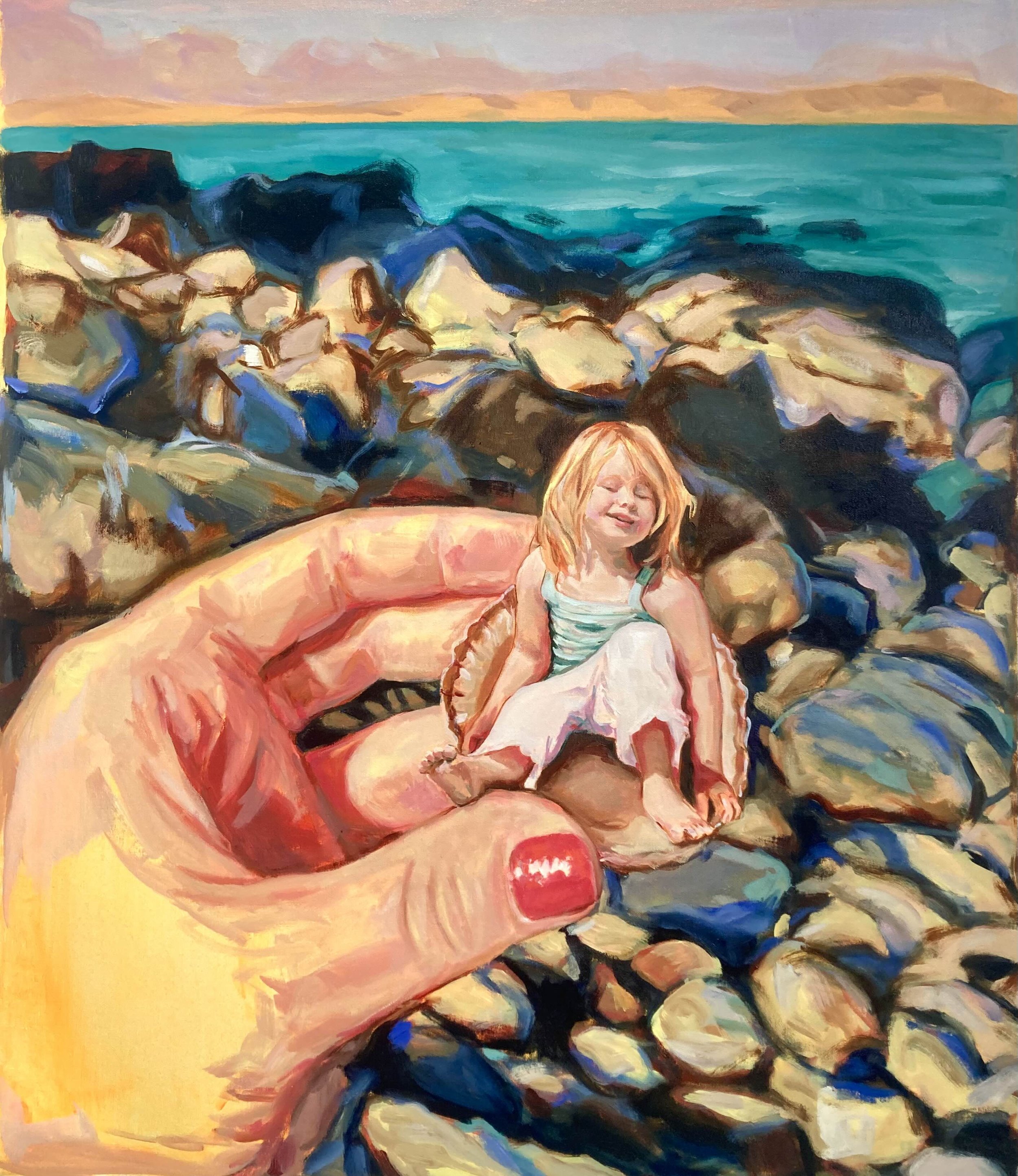 Colourful painting of a tiny smiling child in a white dress sitting in the palm of a hand among rocky seaside waves, with turquoise water and a pastel sunset sky.