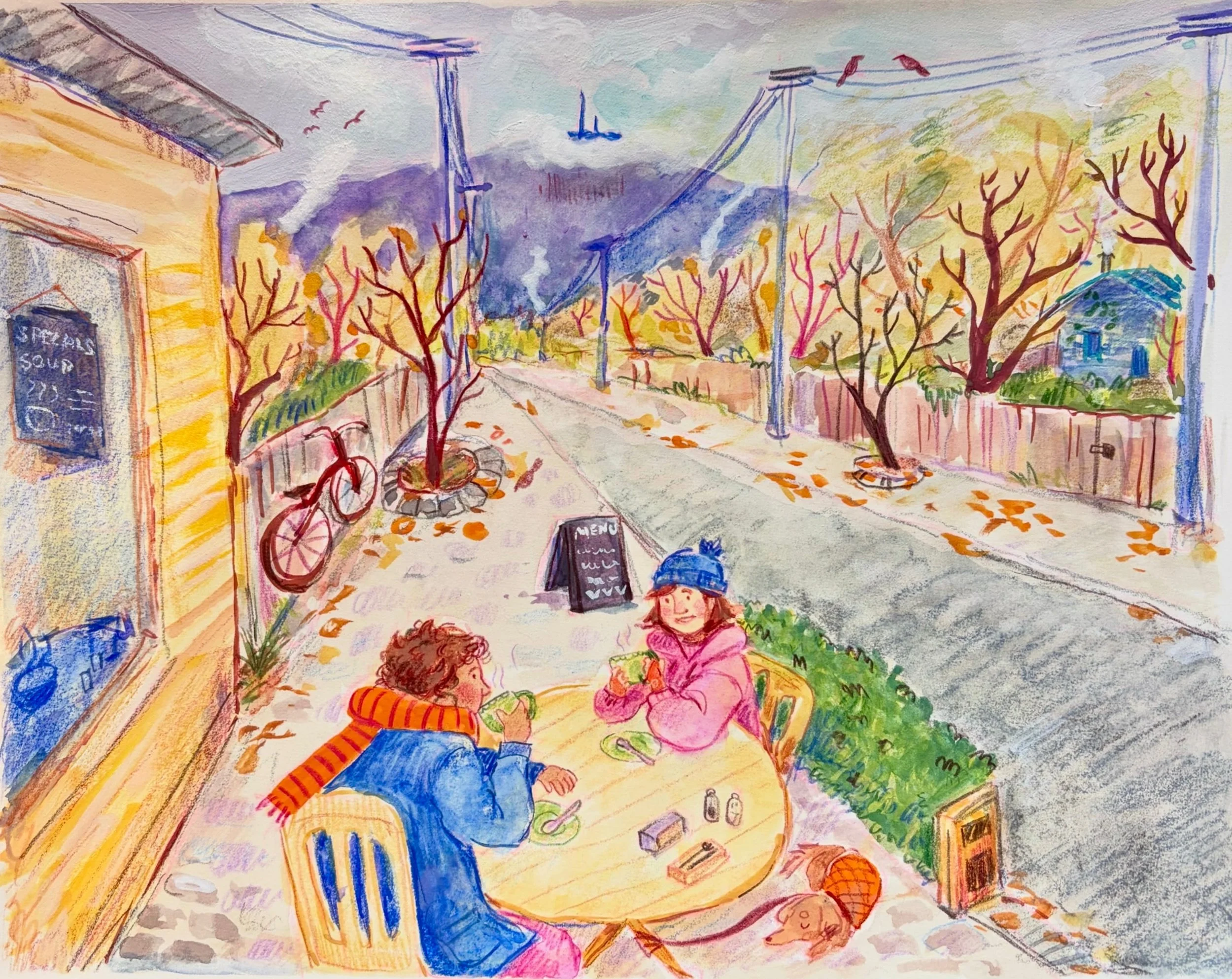 Colourful watercolour, gouache and pencil illustration of two people and their dog enjoying coffee on an autumnal, tree-lined urban street beside a café, set in Hobart, Tasmania with Mt. Wellington/Kunanyi in the background.