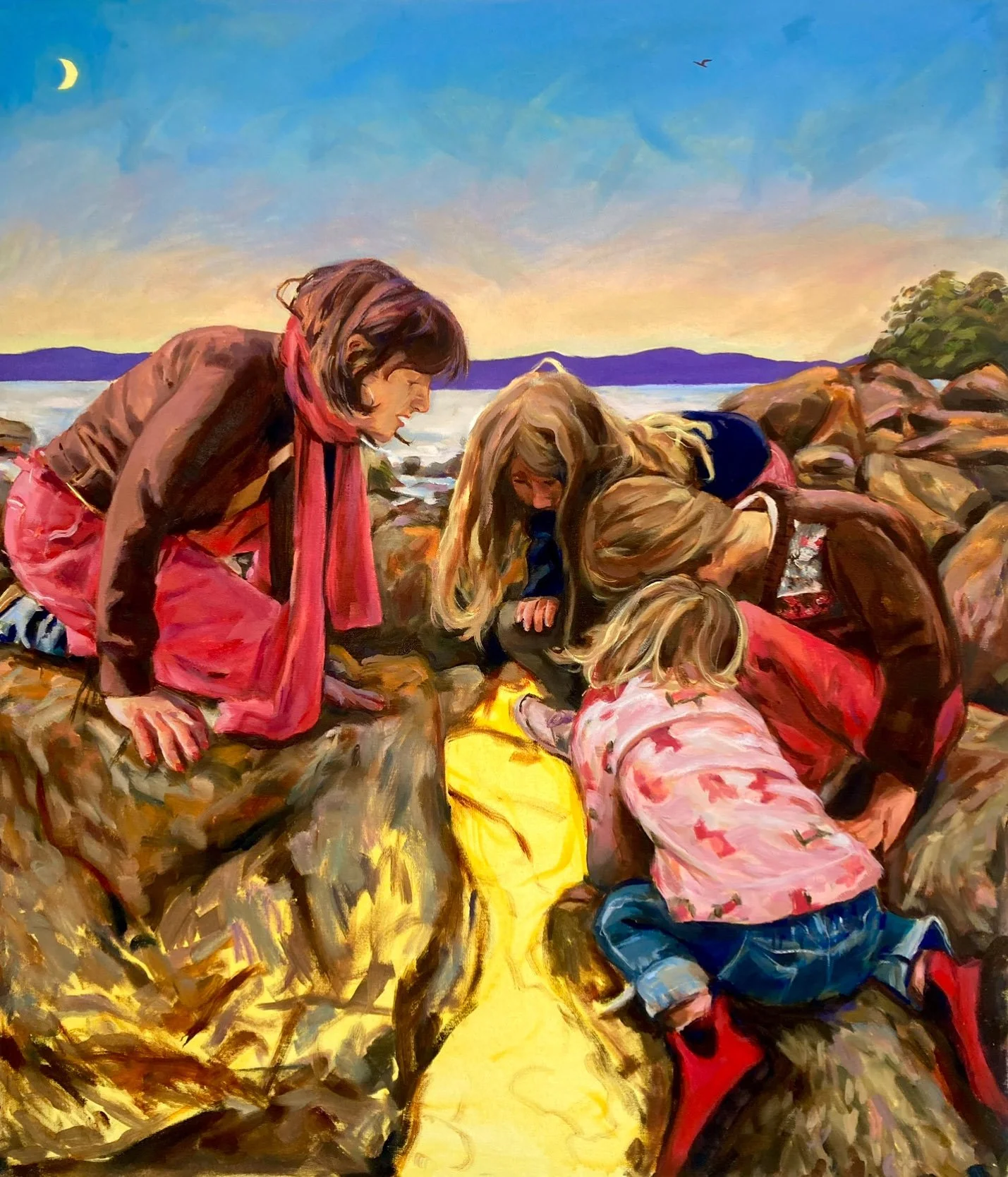 Impressionist painting of children gathered around some rocks on a beach at dusk, beneath a crescent moon.