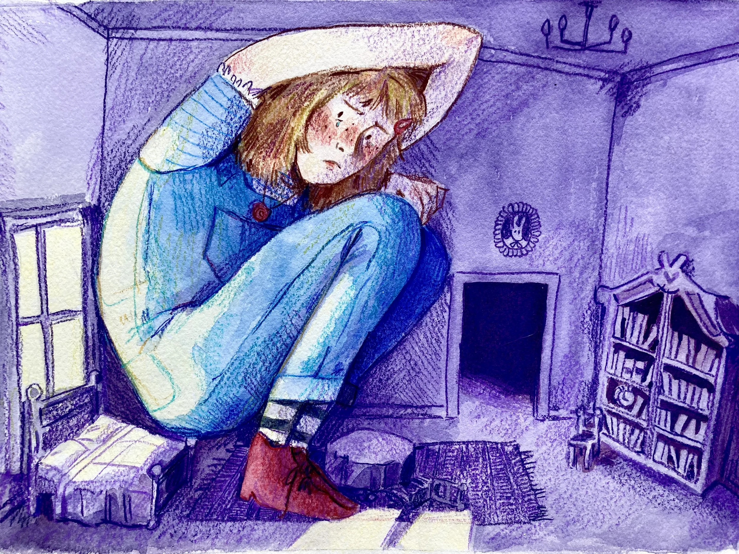 Hand-drawn illustration of a tired child in blue clothing and a white hat sitting in a cluttered room beside a teddy bear and fireplace.