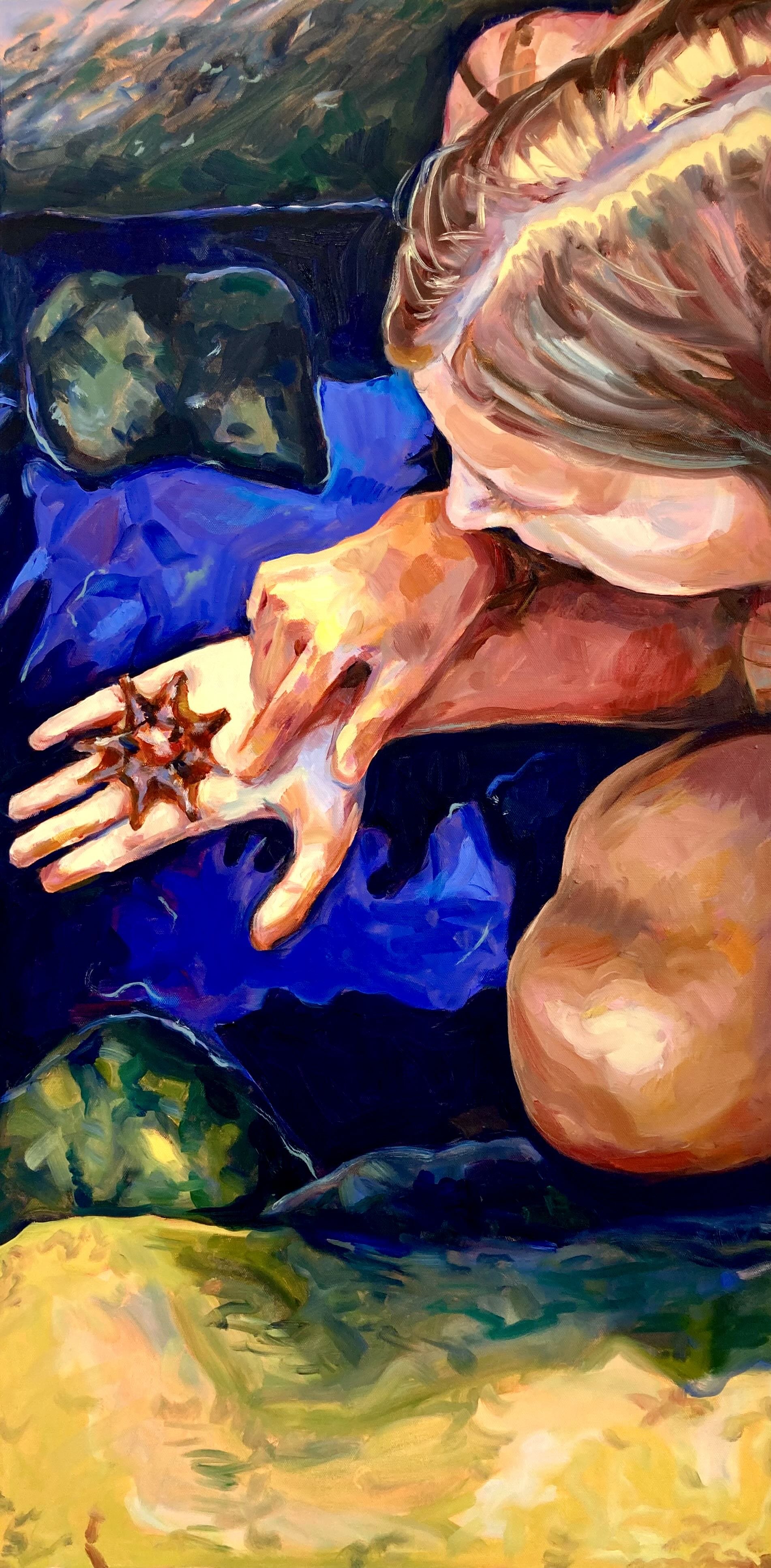 Colourful impressionist painting of a person holding a small starfish in between rocks at the beach.