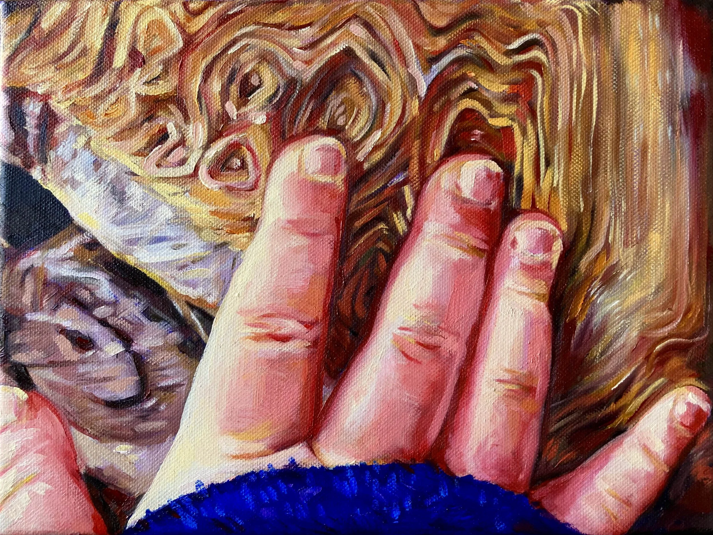 Colourful oil painting of a child's hand resting on a tree stump.