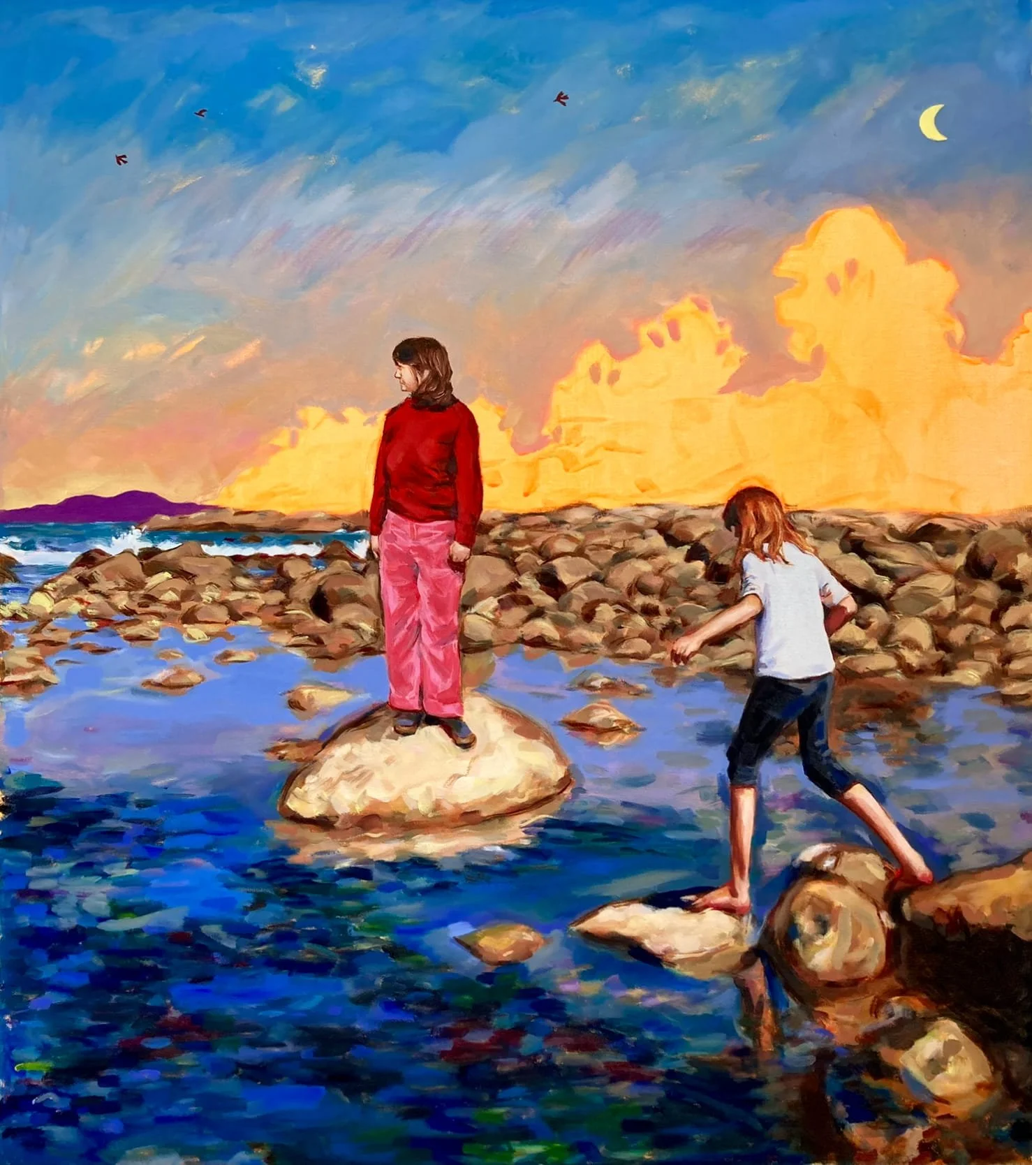 Painting of two children exploring rocks in shallow coastal water beneath a sunset sky with birds and a crescent moon
