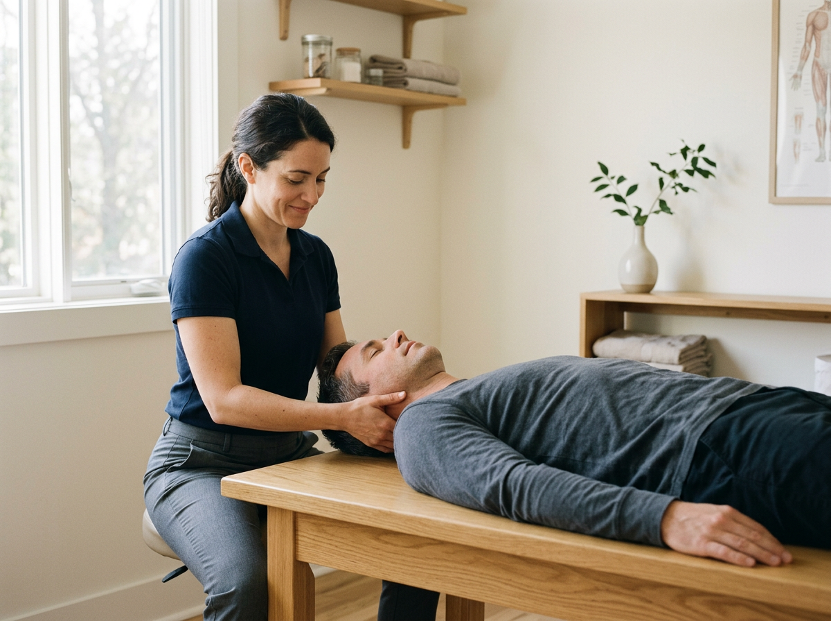 A woman performing neck soft tissue techniques or physical therapy on a man lying on a treatment table in a clinic or therapy room.