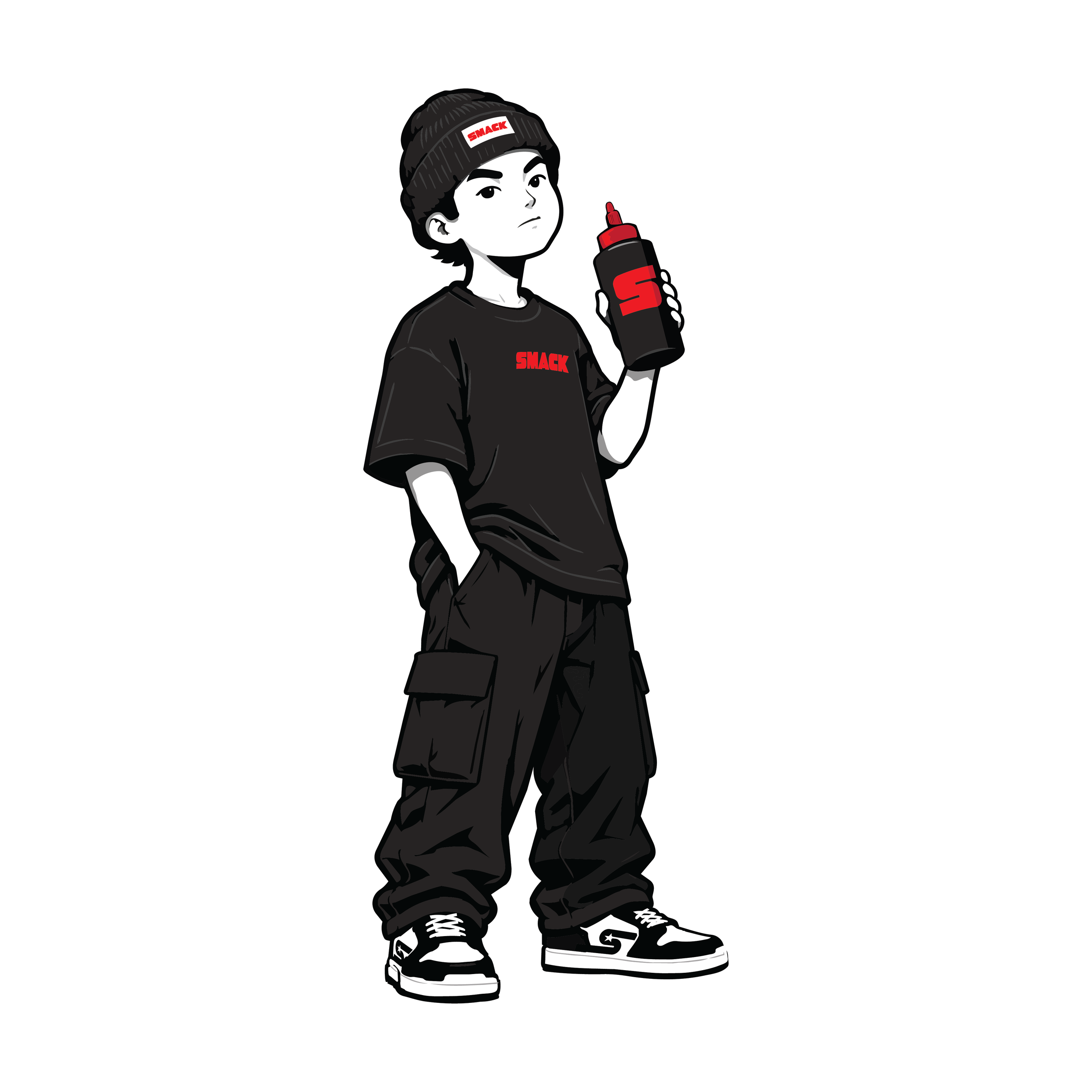 A young male cartoon character in casual streetwear, wearing a black beanie with a red and white "SMACK" logo, a black t-shirt with "SMACK" printed in red, baggy black cargo pants, and sneakers, holding a squeeze bottle with the same logo.