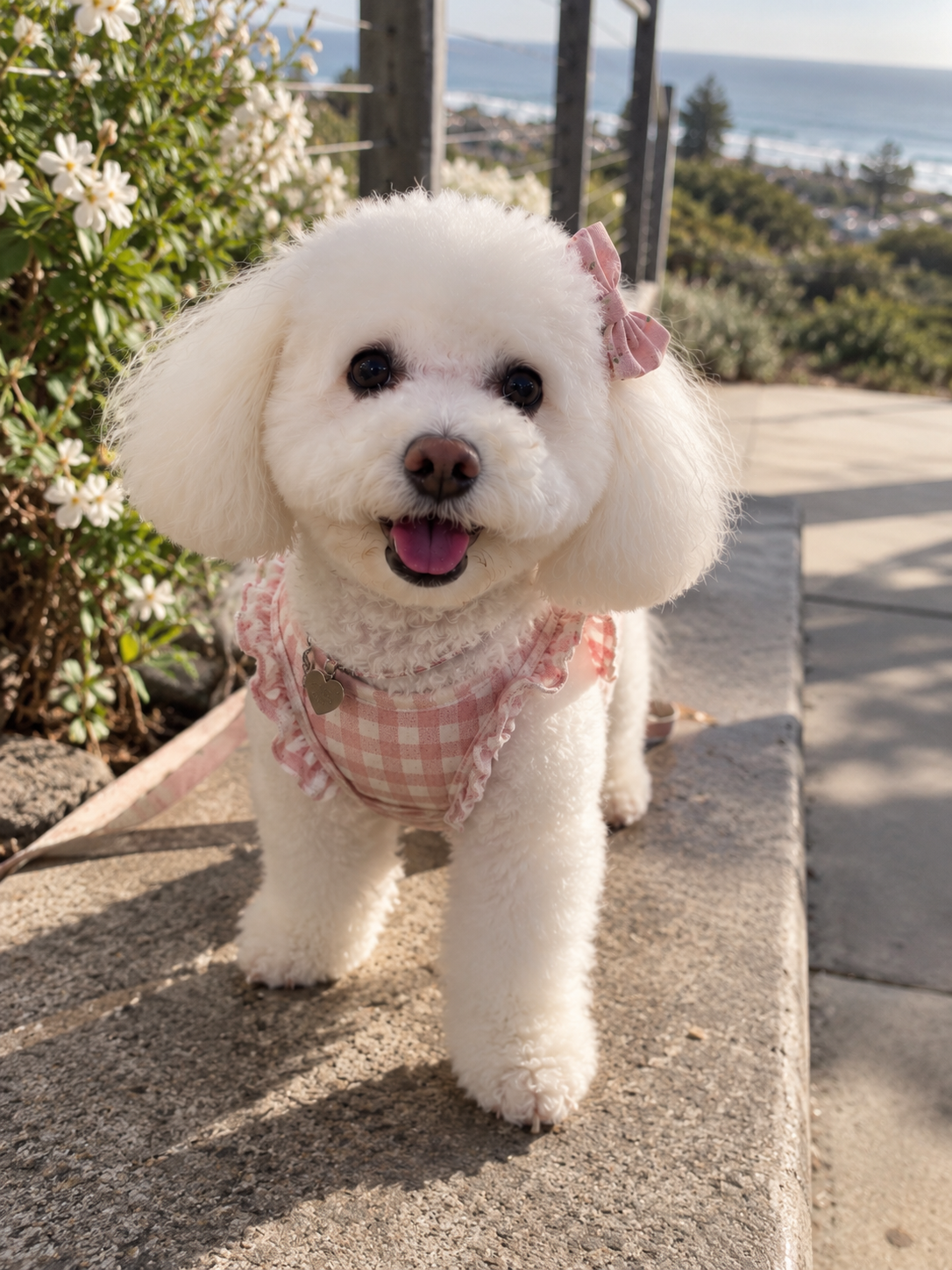 A small white poodle dog with a pink plaid dress and a pink bow on its head, standing outdoors on a stone ledge with a background of flowering plants, trees, and a view of the ocean.