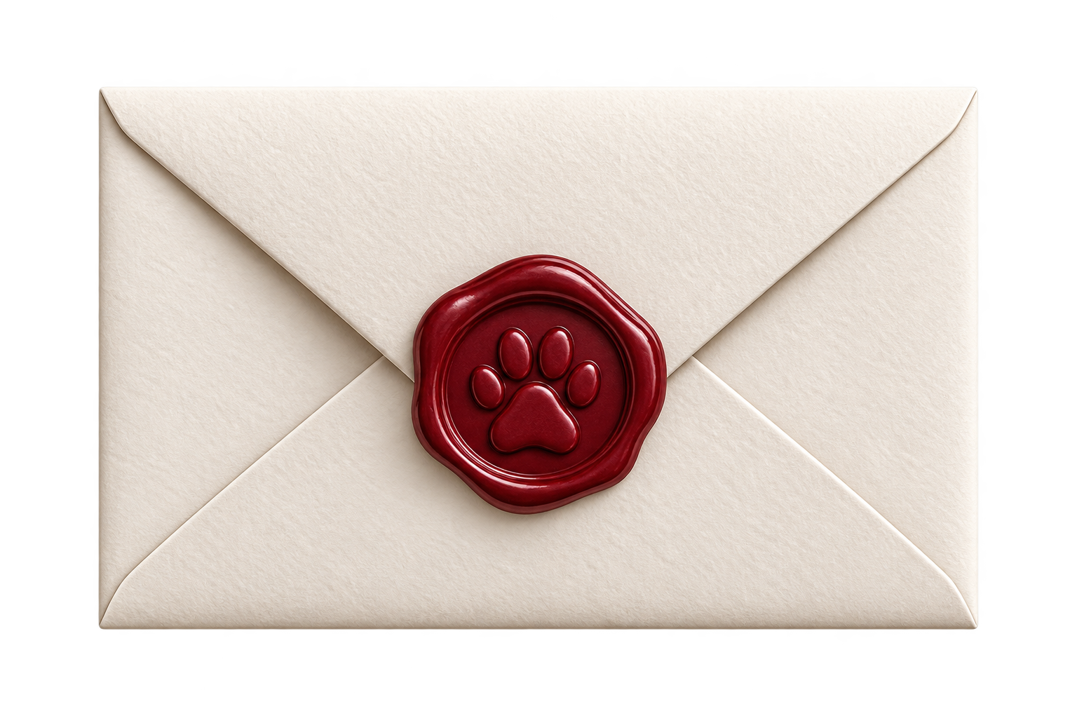 A beige envelope sealed with a red wax stamp featuring a paw print design.