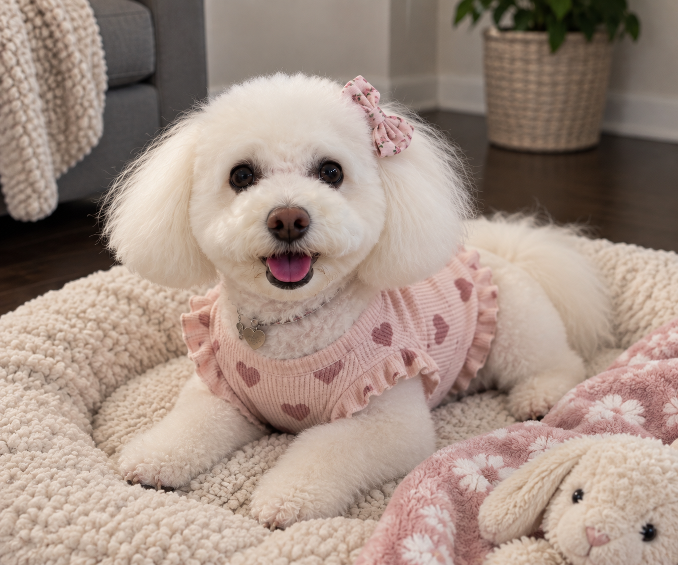 A happy white poodle dog with a pink heart-patterned dress and bow, lying on a plush beige dog bed in a cozy living room.