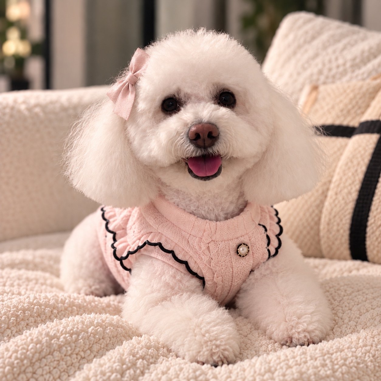A white Poodle dog with fluffy fur, wearing a pink dress with black trim and a decorative pearl button, sitting on a cream-colored blanket with a pink bow in its hair and its tongue slightly out.
