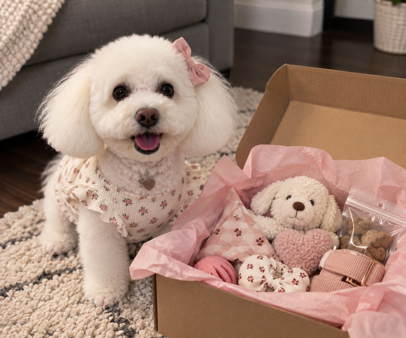 A smiling white dog with a pink bow on its head sits next to a cardboard box filled with pink tissue paper, stuffed dog toy, heart-shaped plush, and dog accessories on a plush rug in a cozy living room.