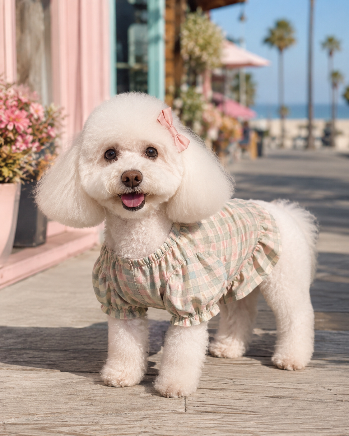 A small white poodle dog with a pink bow on its head, wearing a pink and green checkered dress, standing on a wooden boardwalk near flower pots and a pastel-colored shop with palm trees in the background.