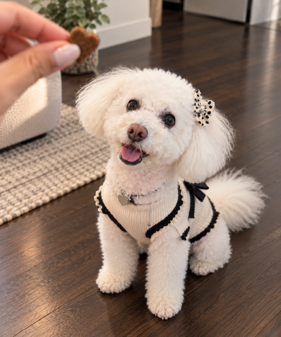 A white curly-haired dog with a polka dot bow on its ear, sitting on a wooden floor and looking up at a hand holding a heart-shaped treat.