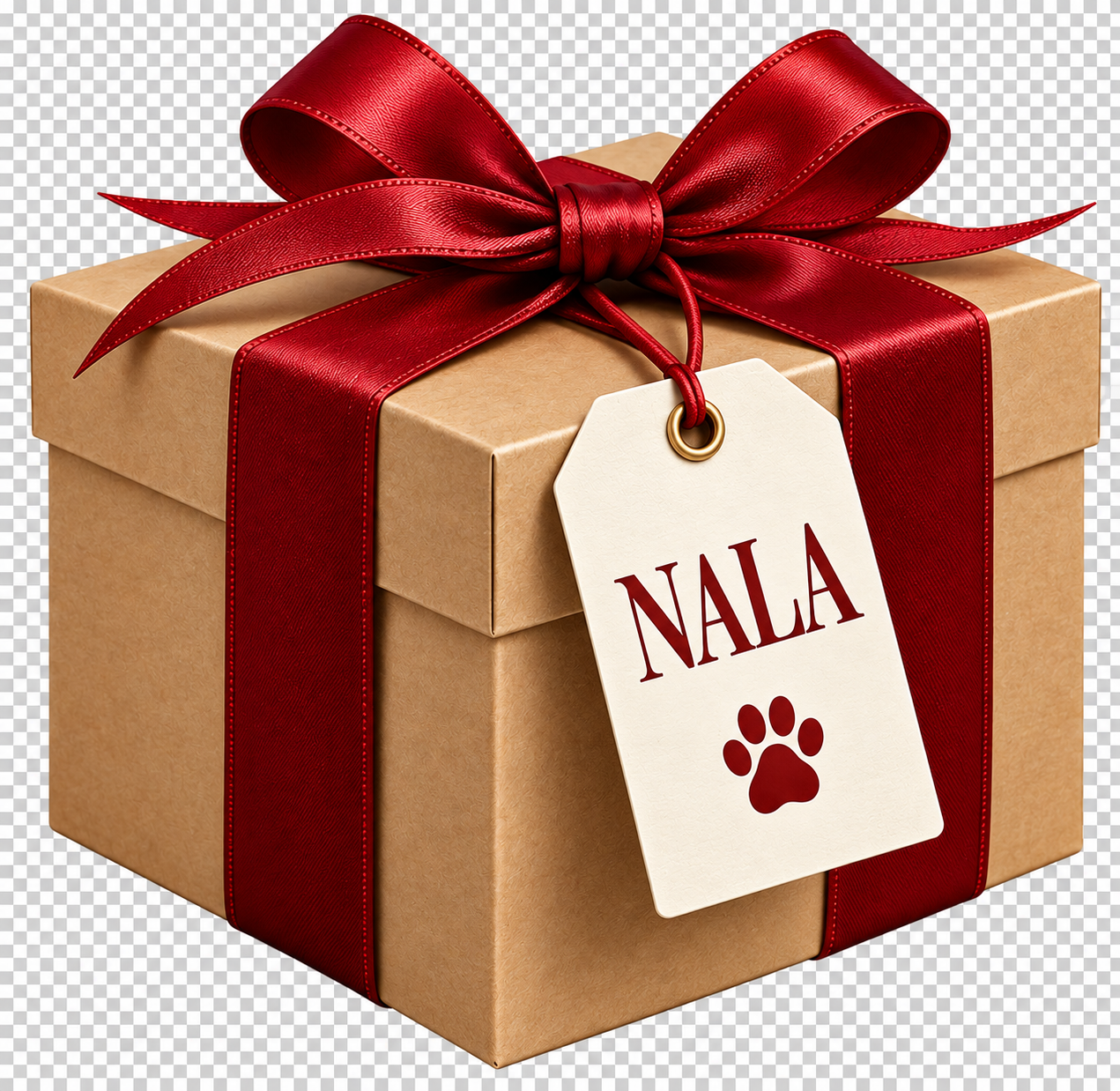 A gift box wrapped with a red ribbon and bow, with a gift tag reading 'NALA' and a paw print.