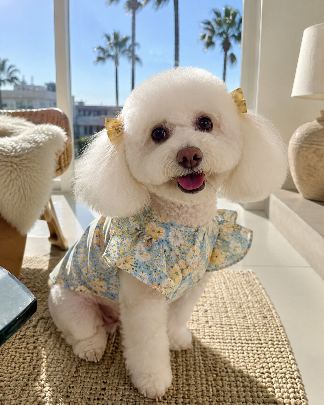 A happy white dog wearing a floral dress and yellow bows, sitting indoors with large windows and palm trees in the background.