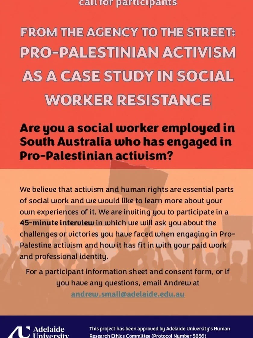 🇵🇸 Are you a South Australian social worker who has engaged in Pro-Palestinian activism?&nbsp;🇵🇸 

We would like to hear about how your experiences have affected your work-life and professional identity as part of a Bachelor of Social Work (Honou
