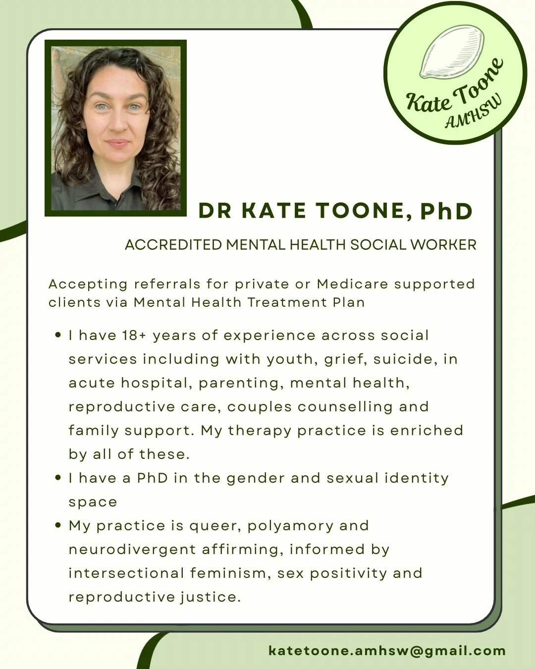 Feeling like you need some support, a sounding board or a place to let out some feels? Let&rsquo;s see if we are a good fit 😊 email me to book a chat or request pricing information. 

Text reads: 
DR KATE TOONE,PhD
ACCREDITED MENTAL HEALTH SOCIAL WO