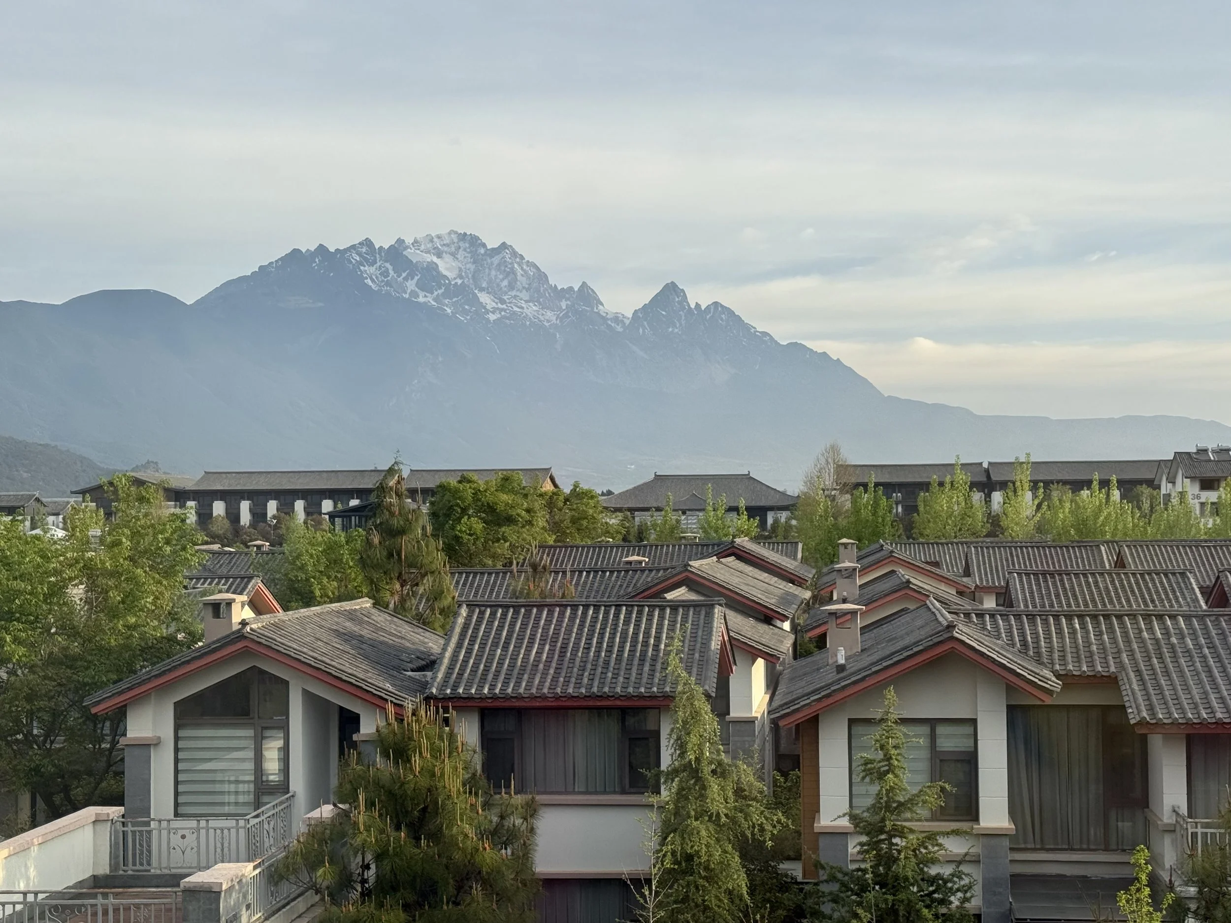 Residential neighborhood with houses featuring tiled roofs, lush green trees, and a mountain range with snow-capped peaks in the background under a cloudy sky.