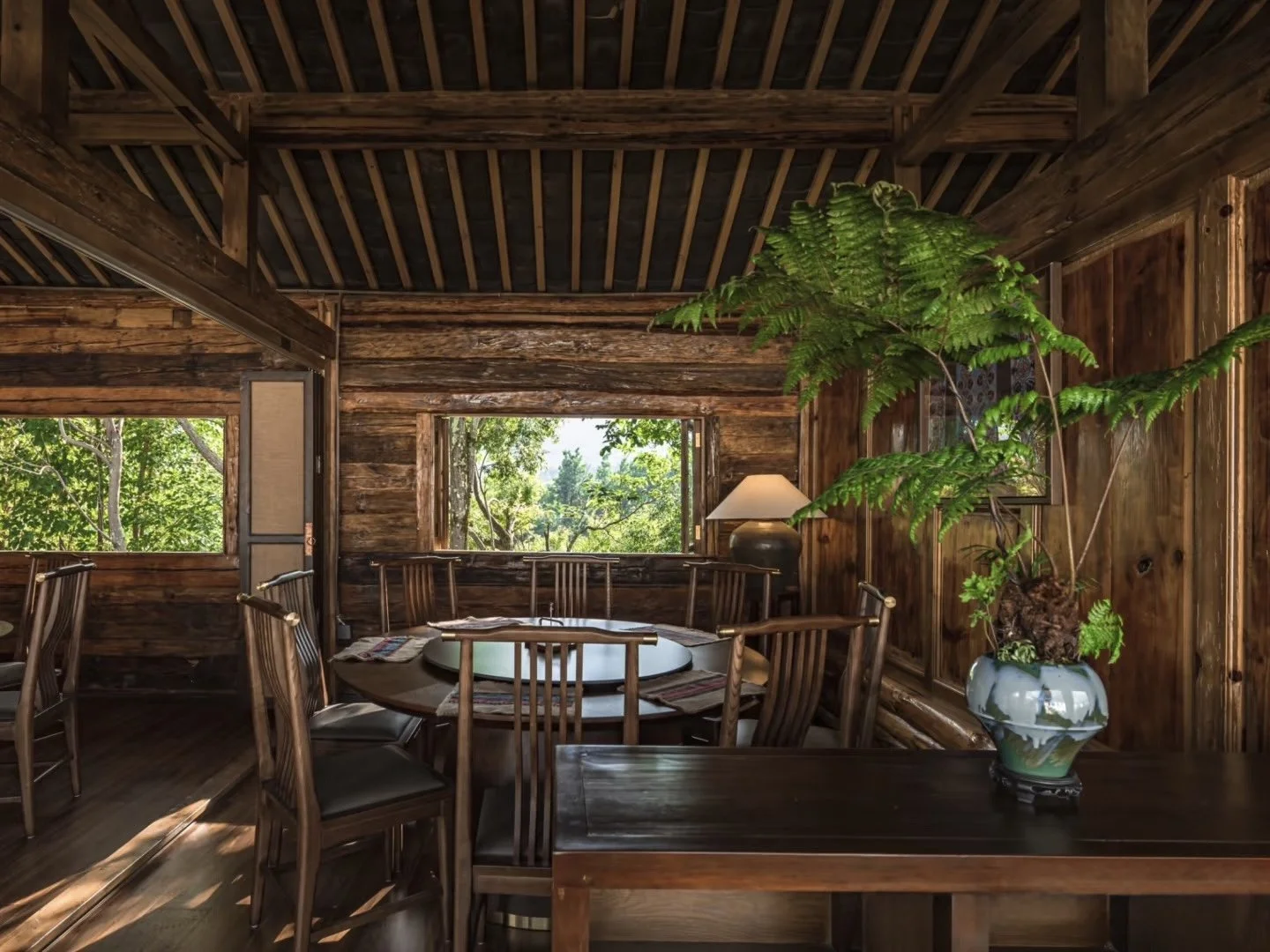 Wooden dining room with trees visible through two large windows, a round dining table surrounded by wooden chairs, a lamp on a corner table, and a large potted fern in a decorative vase.