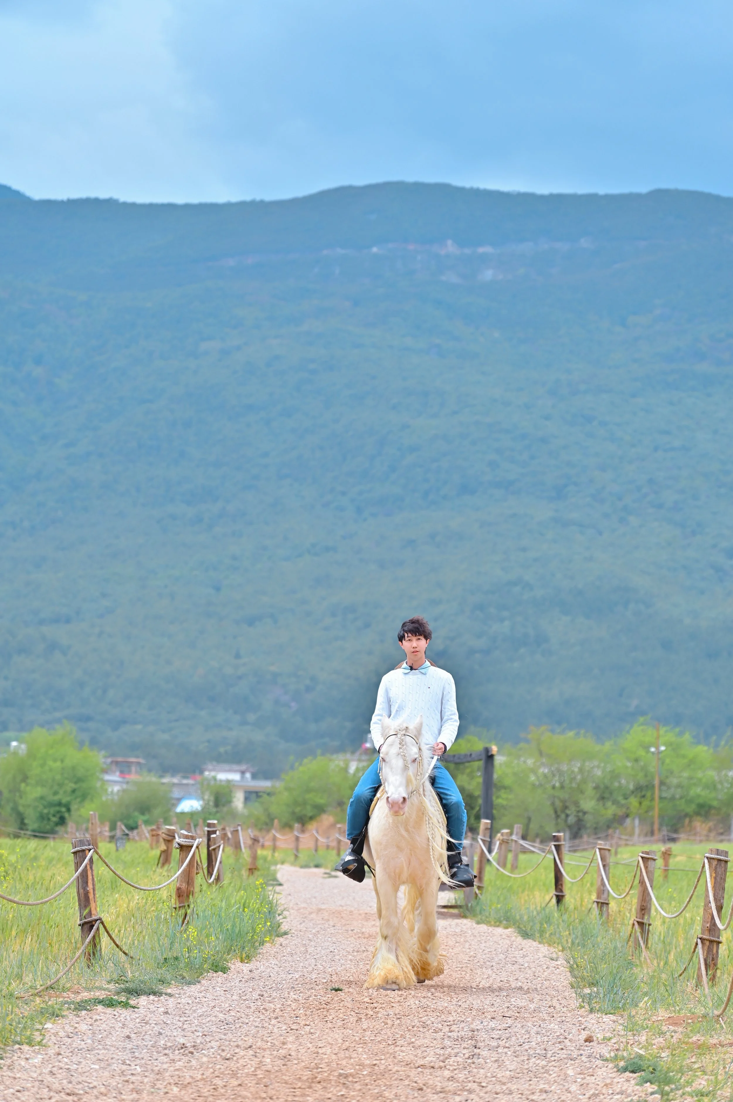 A person riding a white horse on a dirt path surrounded by green grass and wooden posts with ropes, with mountains and a cloudy sky in the background.