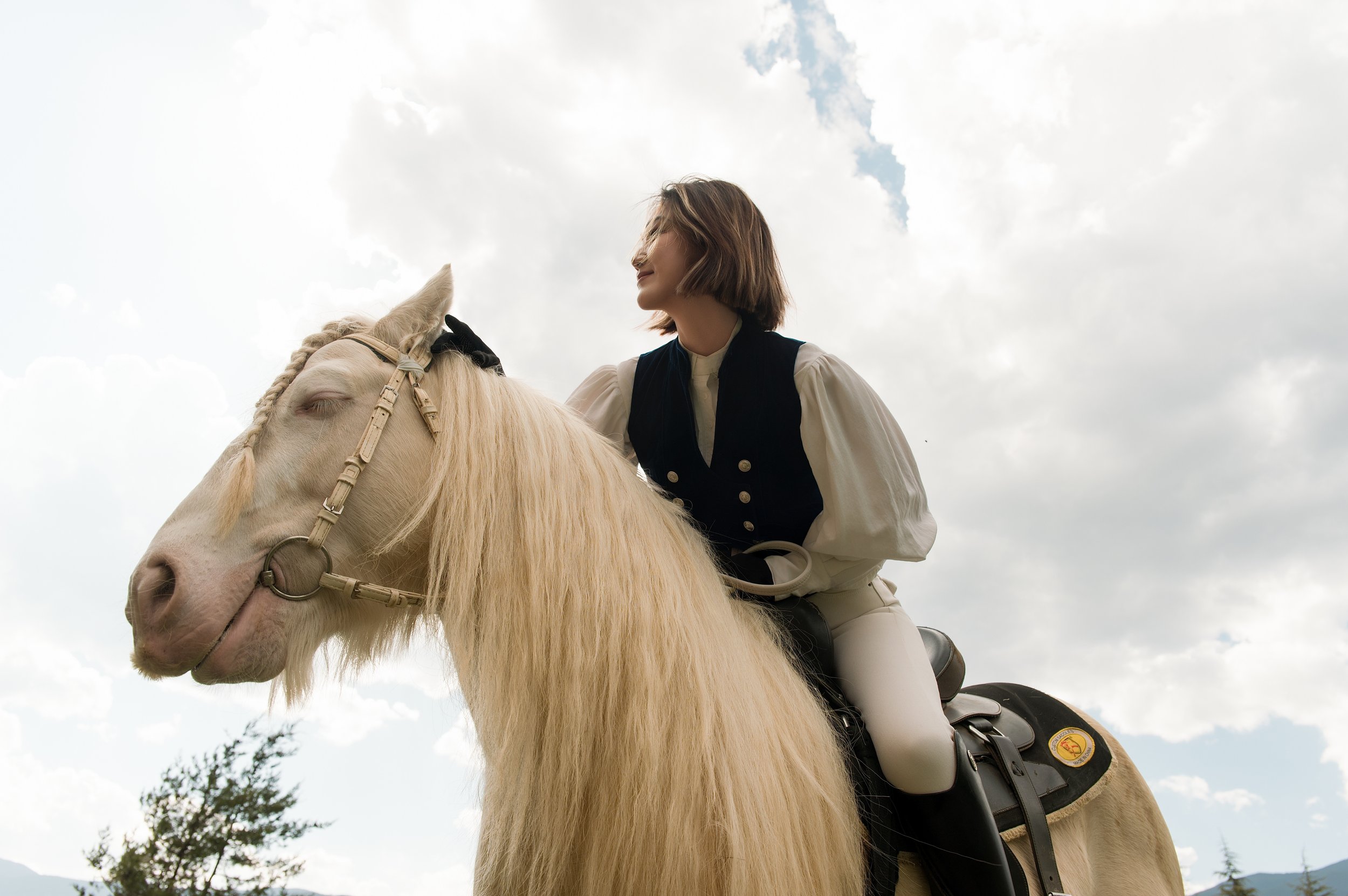 A woman with shoulder-length brown hair riding a white horse with a braided mane in an open field with trees and a cloudy sky in the background.