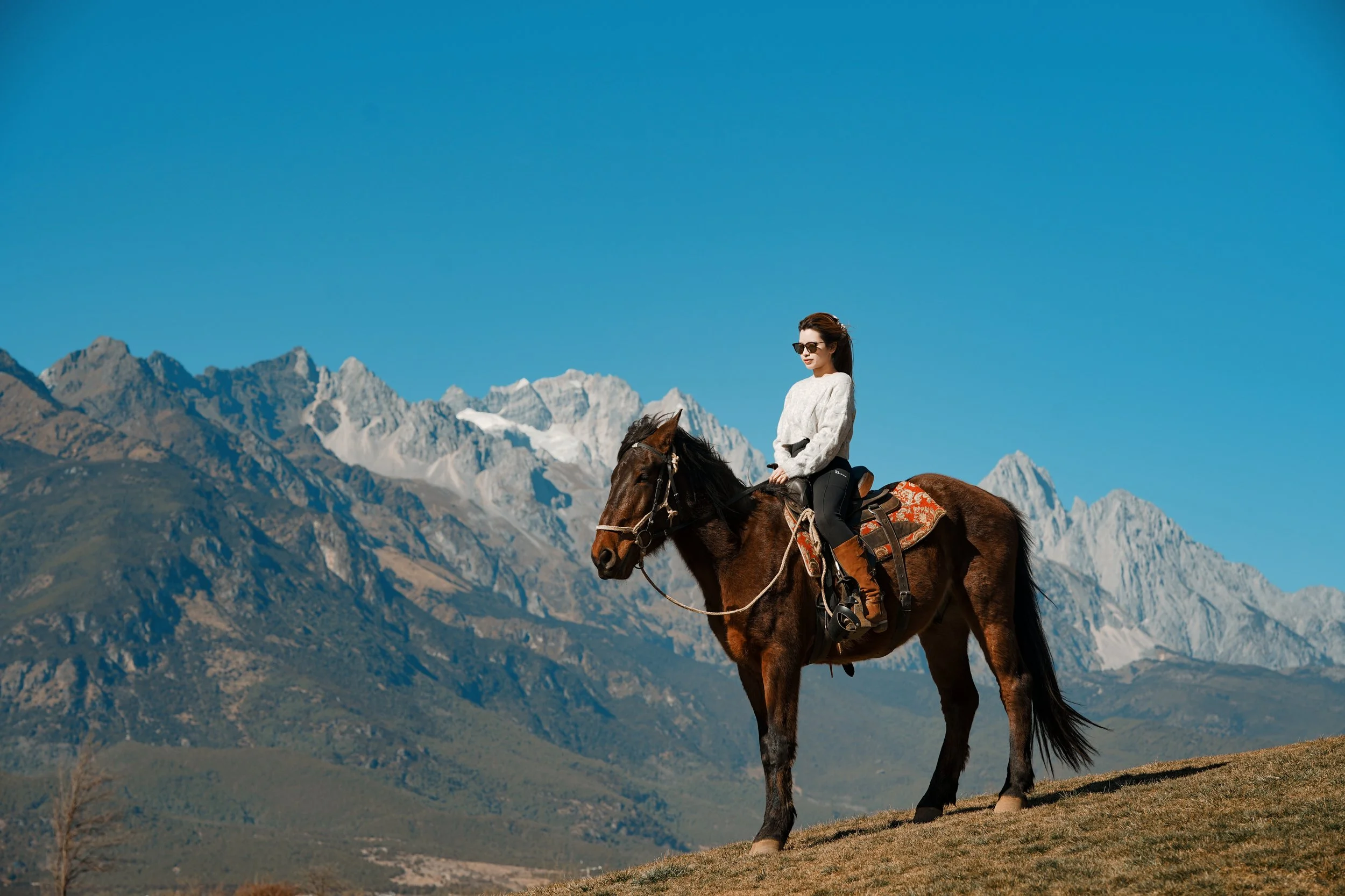 Woman riding a horse in a mountainous landscape with snow-capped peaks and a clear blue sky.