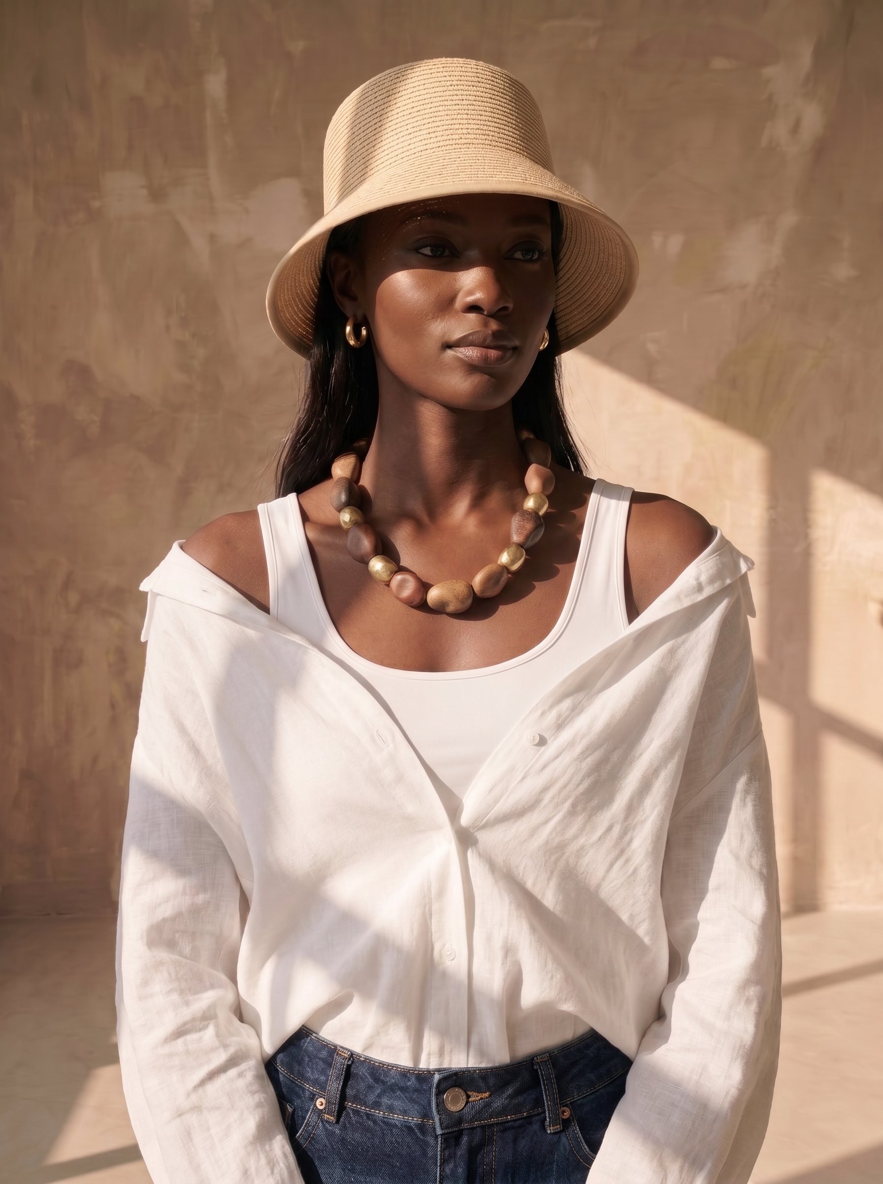 A woman wearing a beige wide-brimmed hat, gold hoop earrings, a chunky wooden bead necklace, a white off-shoulder shirt, and blue jeans, standing against a beige wall with natural sunlight.