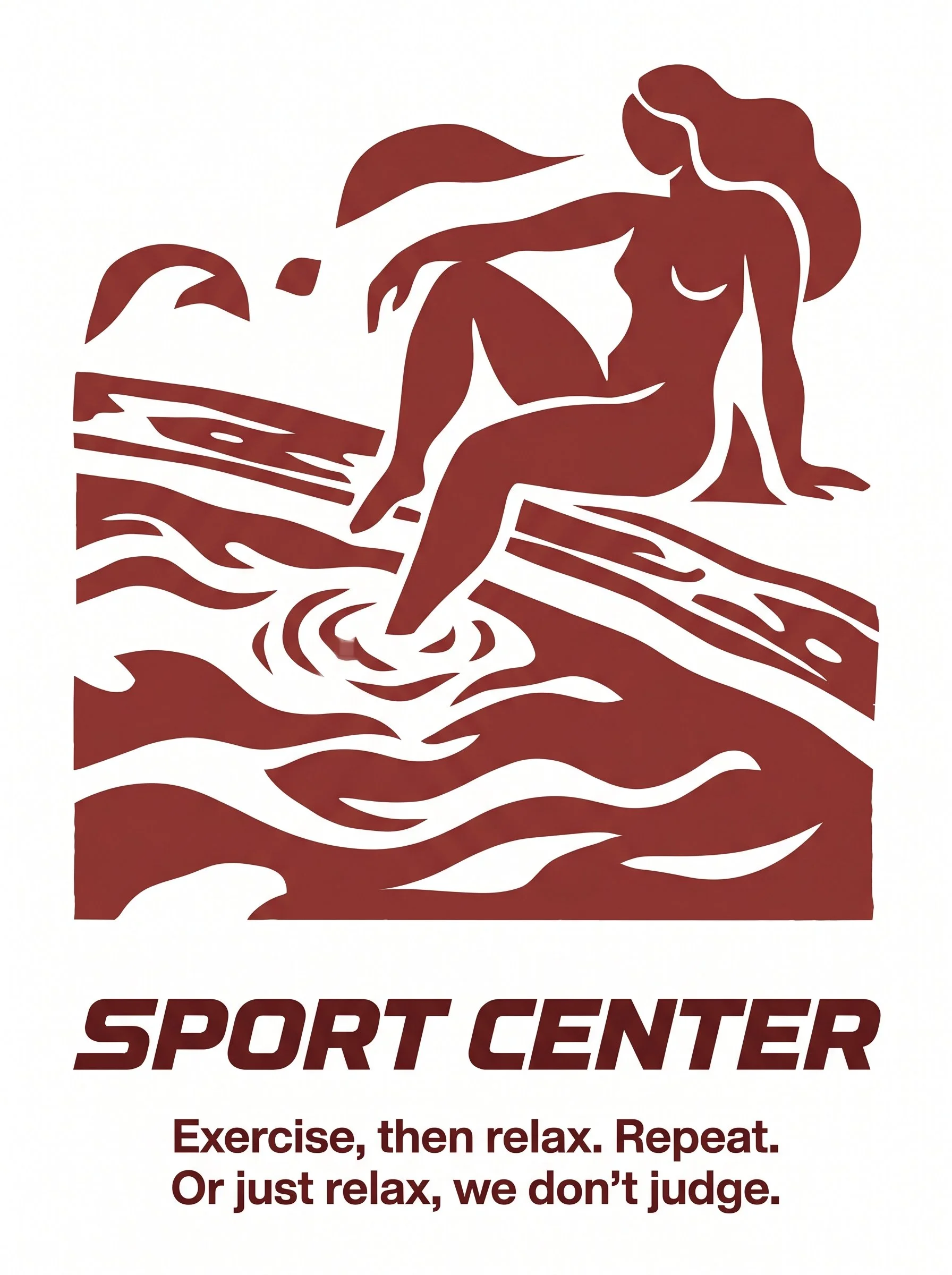 Logo for a sports center featuring a stylized silhouette of a woman with long hair, sitting on a rock by the water, with the text 'SPORT CENTER' and a slogan about exercise and relaxation.