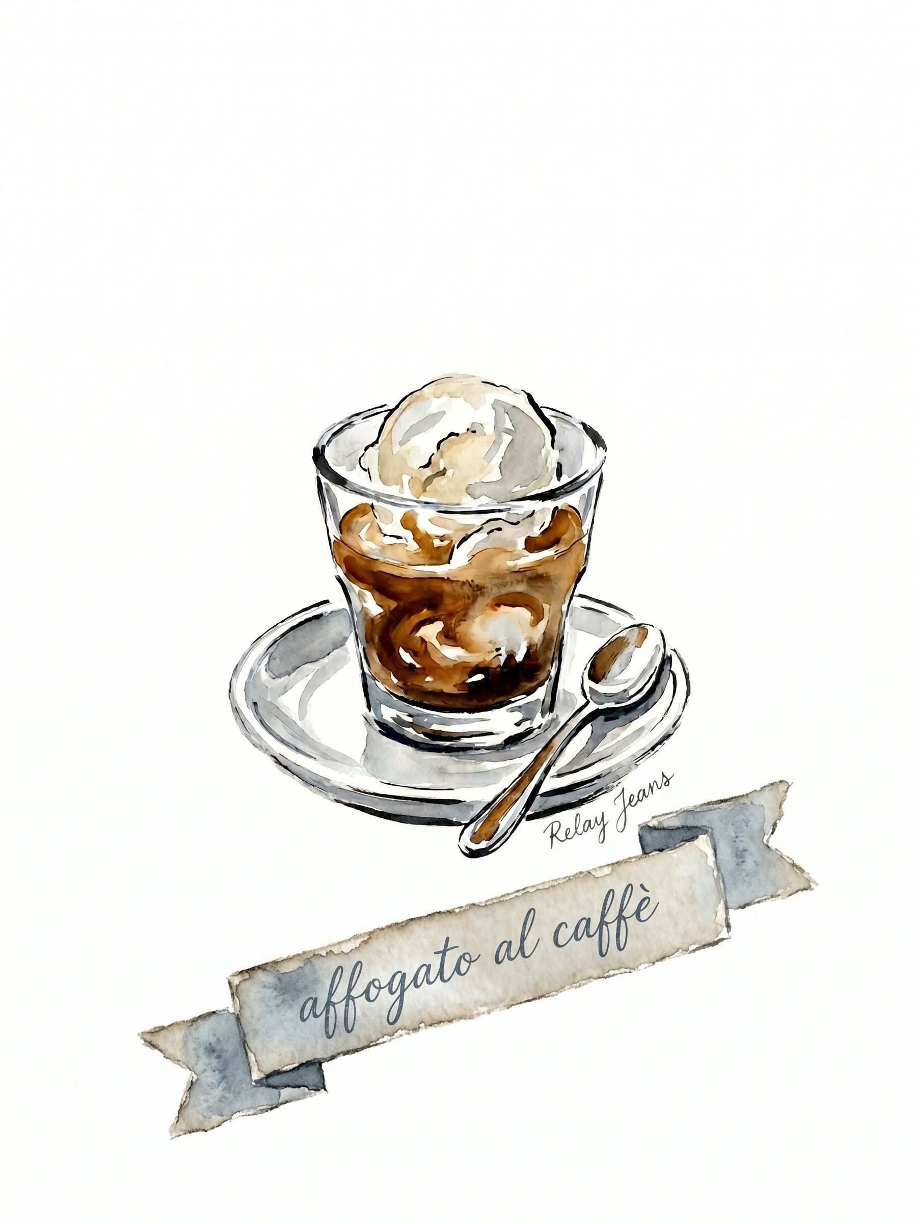 A watercolor painting of a glass of affogato coffee with ice cream, served on a saucer with a spoon, on a piece of torn paper with the words 'affogato al caffè' written on it.