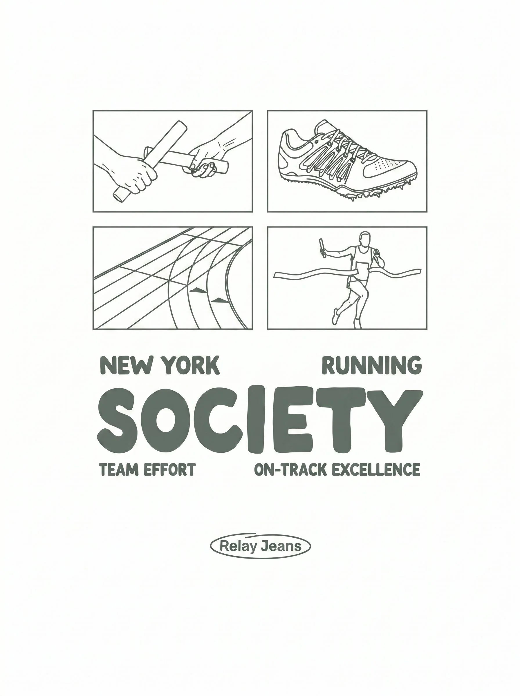 Outline of four illustrations: a person hammering, a running shoe, a track, and a person running with a baton. The text "New York Running Society" and "Relay Jeans" are also visible.