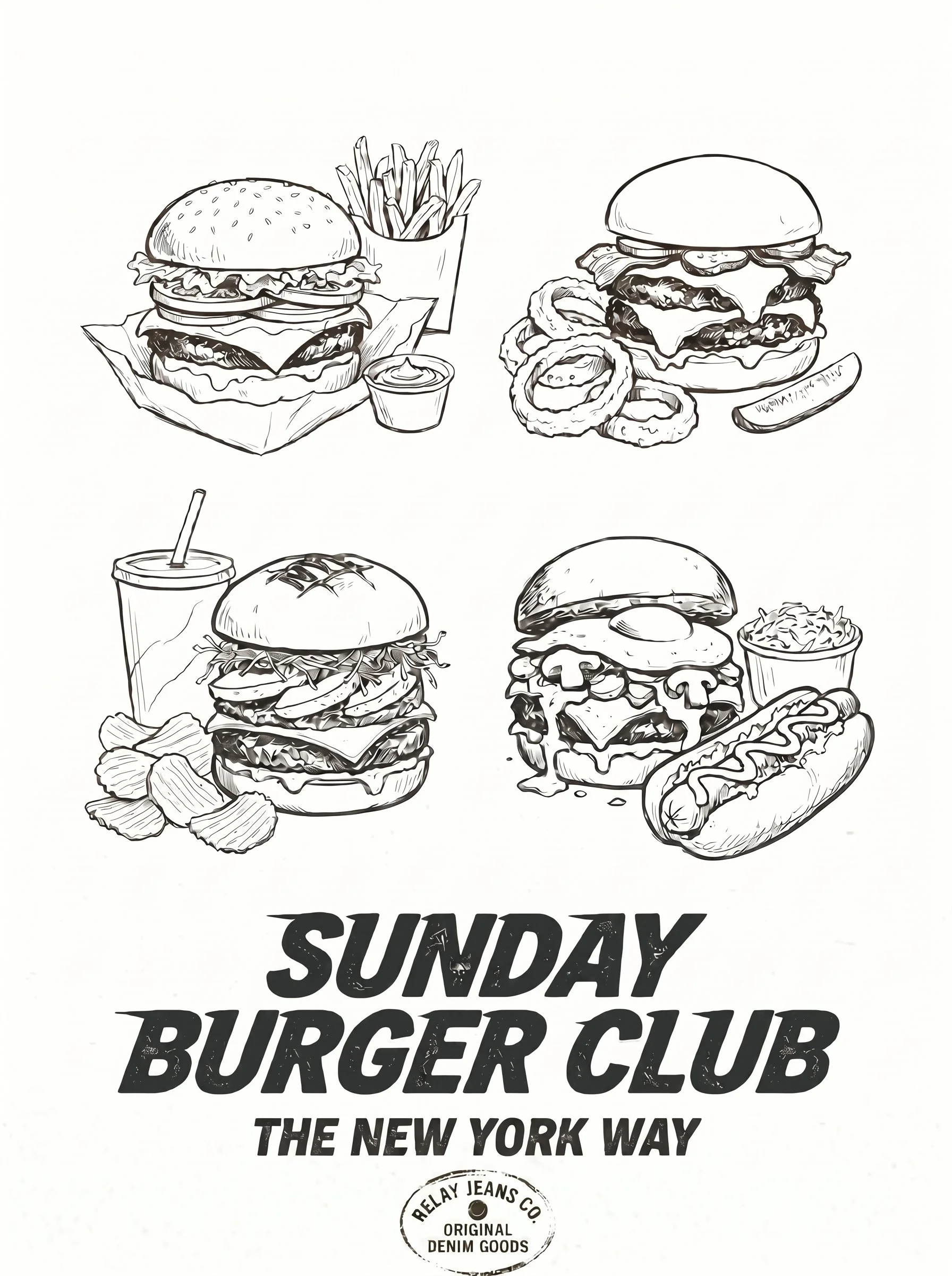 Black and white illustration of different types of burgers, fries, rings, hot dog, and chips with text that reads 'Sunday Burger Club' and 'The New York Way' at the bottom.